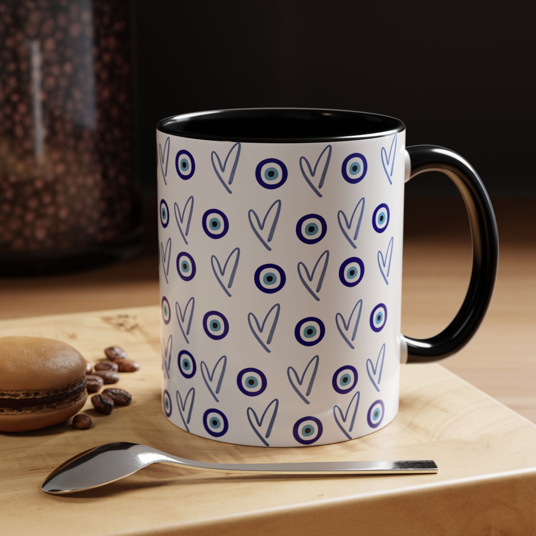 Evil Eye Heart Coffee Mug, Blue Ceramic Tea Cup, Jewish Kitchen Gift, Modern Judaica Drinkware, 11oz 15oz
