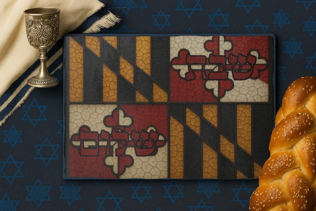 Maryland Flag Challah Board, Shabbat Shalom Hebrew Judaica Tray, Tempered Glass