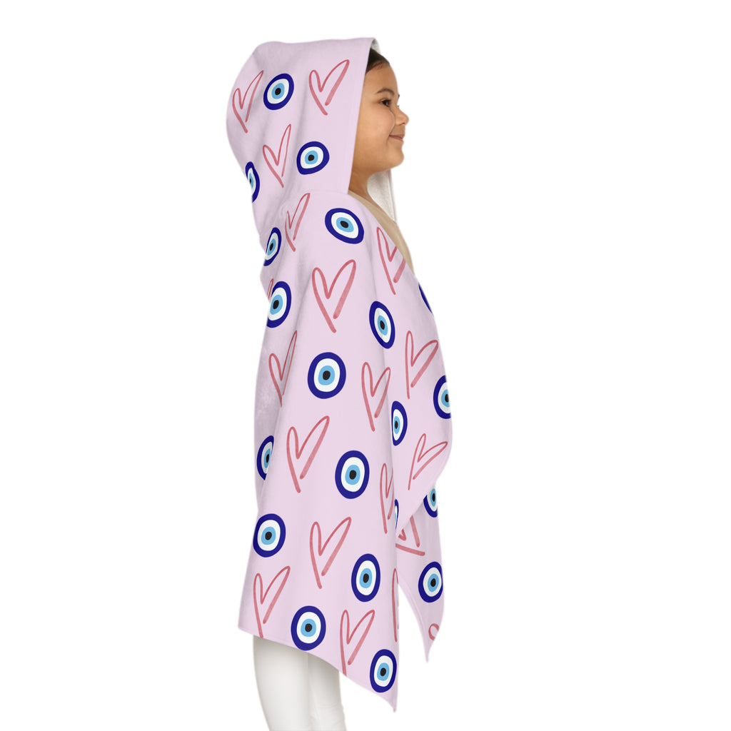 Jewish Evil Eye Hooded Towel for Kids, Pink Heart Bath Towel, Pool Beach Towel, Jewish Baby Gift, Girls Swim Towel