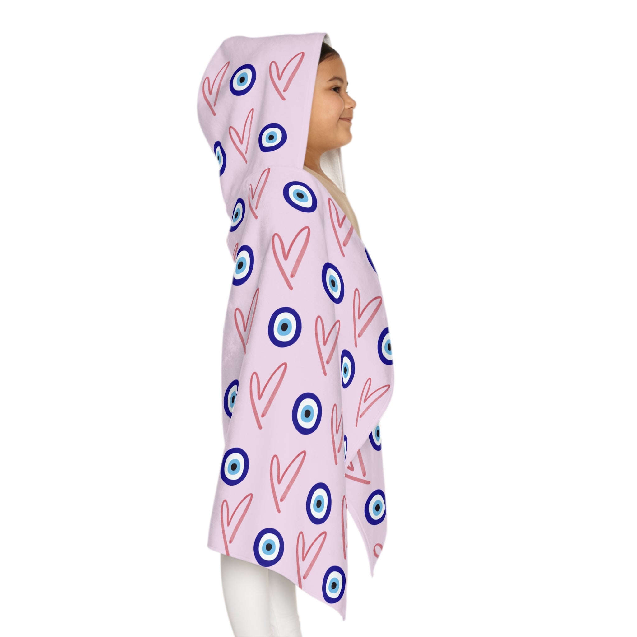 Jewish Evil Eye Hooded Towel for Kids, Pink Heart Bath Towel, Pool Beach Towel, Jewish Baby Gift, Girls Swim Towel