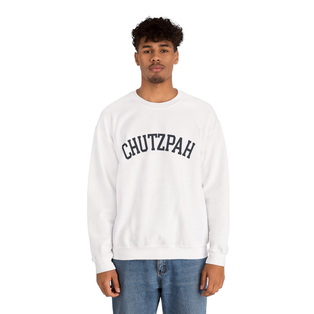 Chutzpah Sweatshirt White Crewneck, Yiddish Collegiate Lettering Jewish Pullover Gift