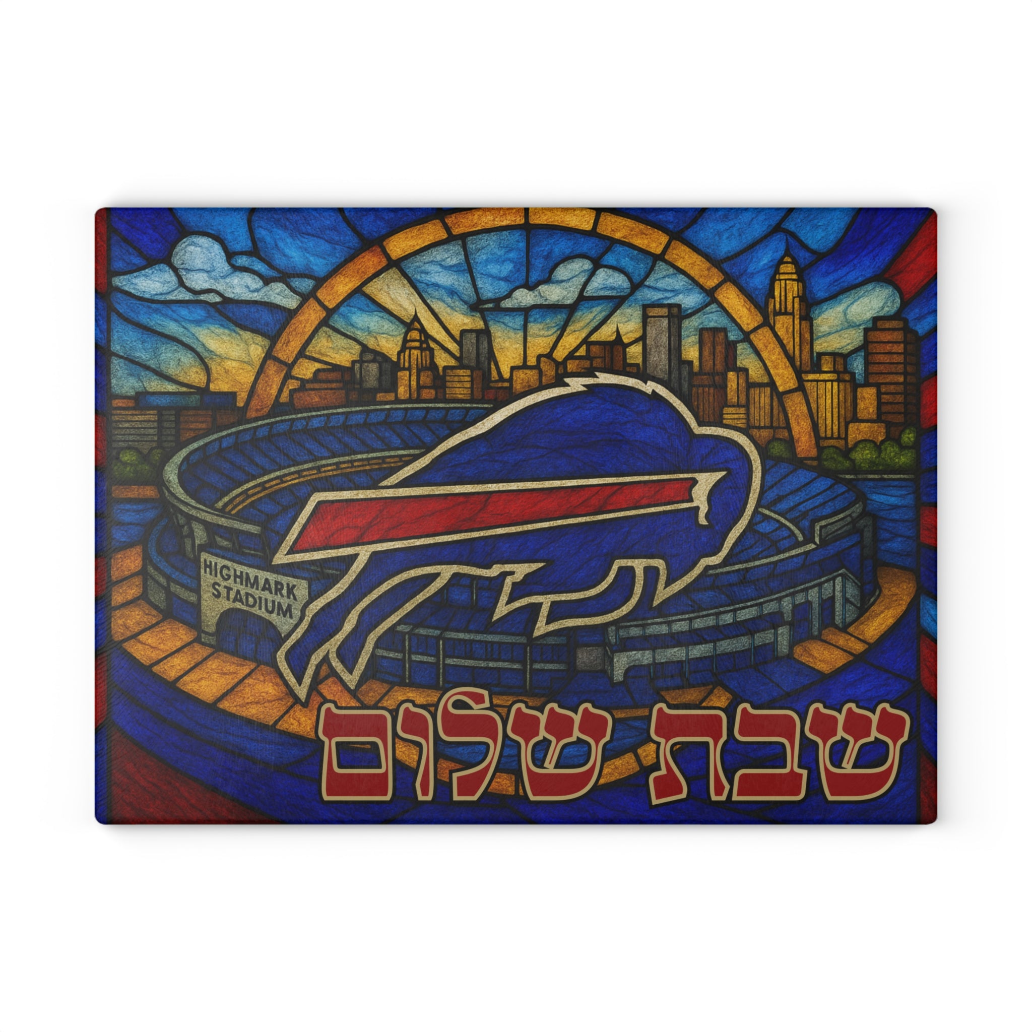 Buffalo Bills Challah Board Stained Glass Shabbat Tray, Tempered Glass Judaica with Stadium Skyline, Jewish Football Gift