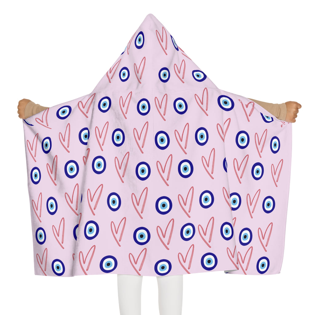 Jewish Evil Eye Hooded Towel for Kids, Pink Heart Bath Towel, Pool Beach Towel, Jewish Baby Gift, Girls Swim Towel