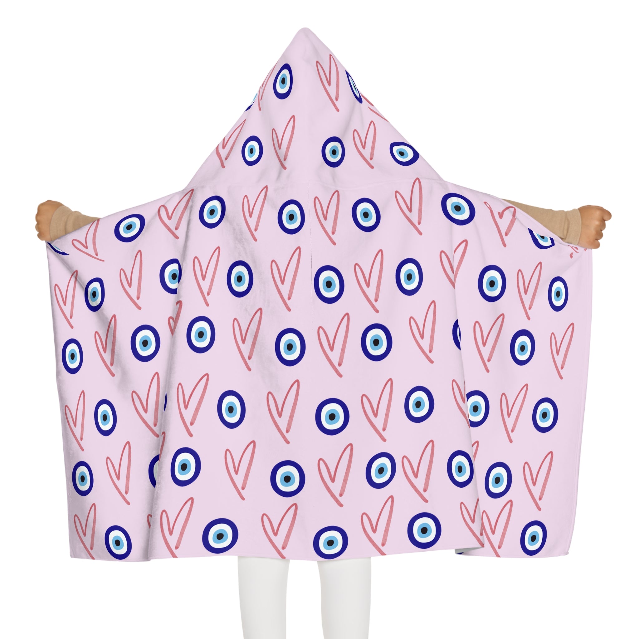 Jewish Evil Eye Hooded Towel for Kids, Pink Heart Bath Towel, Pool Beach Towel, Jewish Baby Gift, Girls Swim Towel