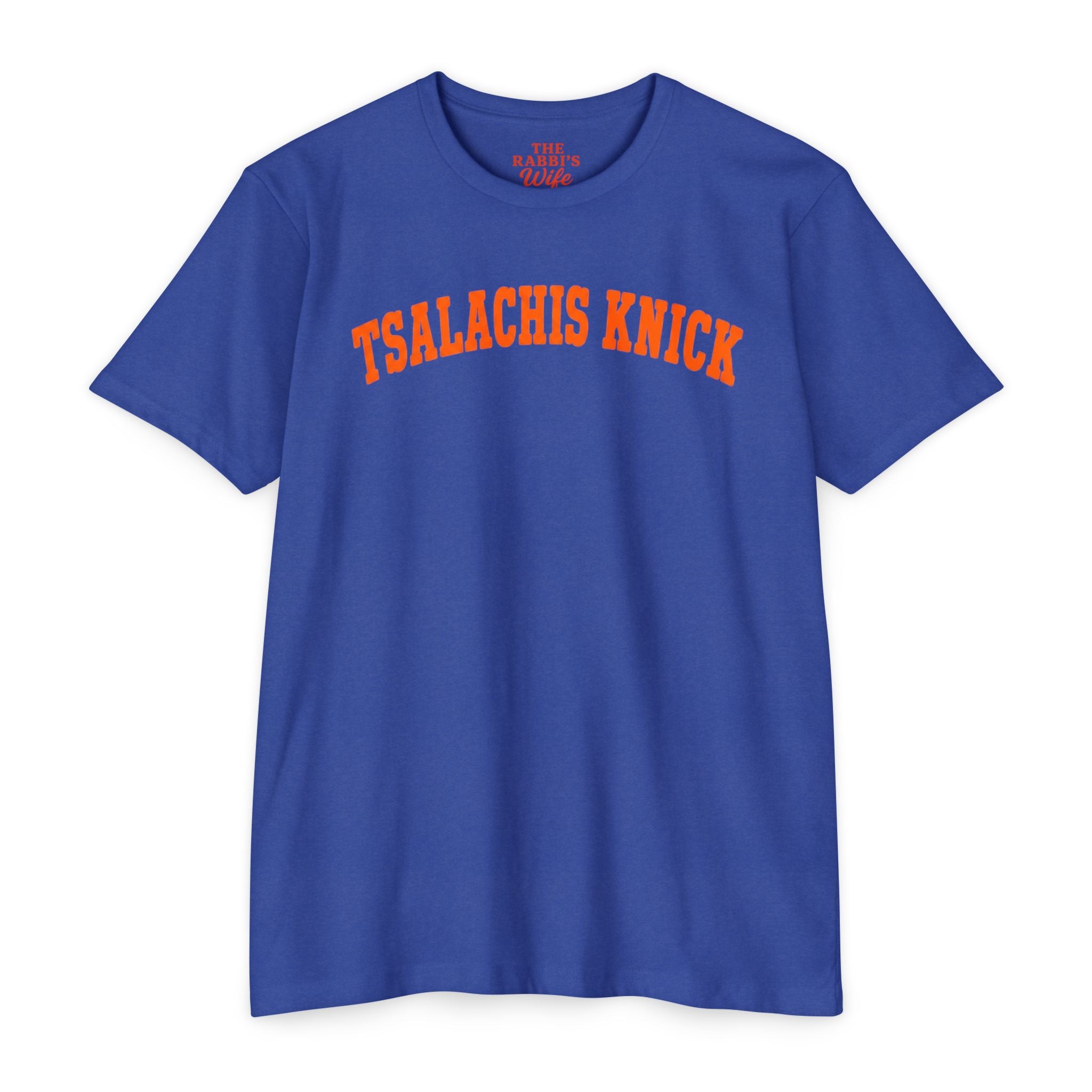 TSALACHIS Knick T Shirt, Blue Orange Jewish Basketball Shirt, Chabadnik Gift Tee With 770 Back Print