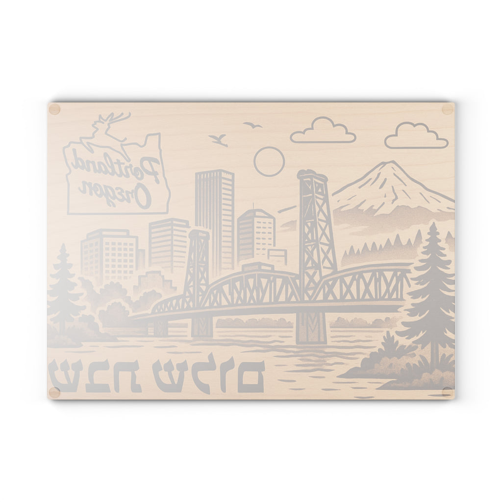 Portland Oregon Challah Board Wood Look Shabbat Plate, Rustic Glass Judaica with Stag Sign, PNW Jewish Wedding Gift
