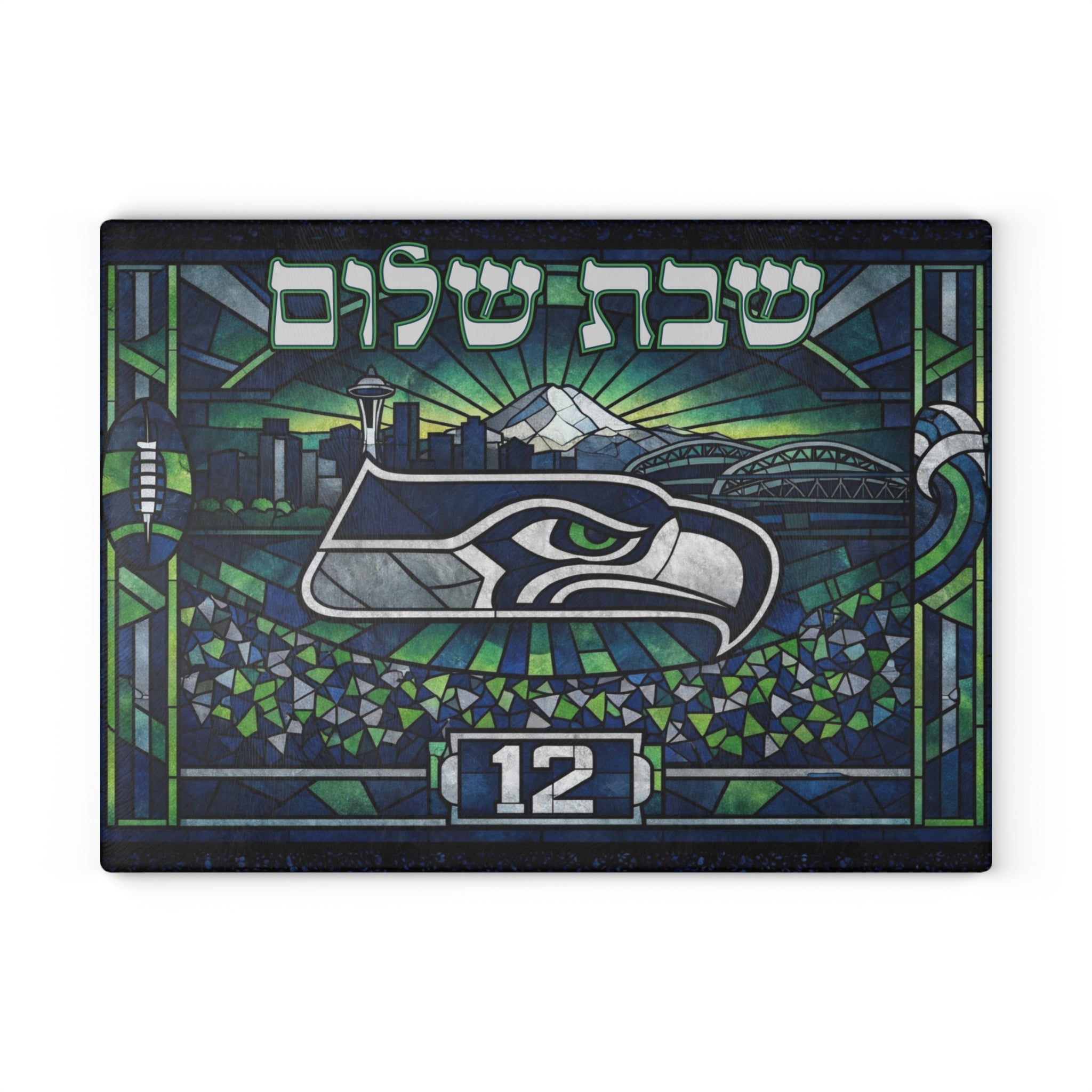 Seattle Seahawks Challah Board 15x11 Glass Shabbat Cutting Board, Jewish Football Gift, Stained Glass Judaica Tray