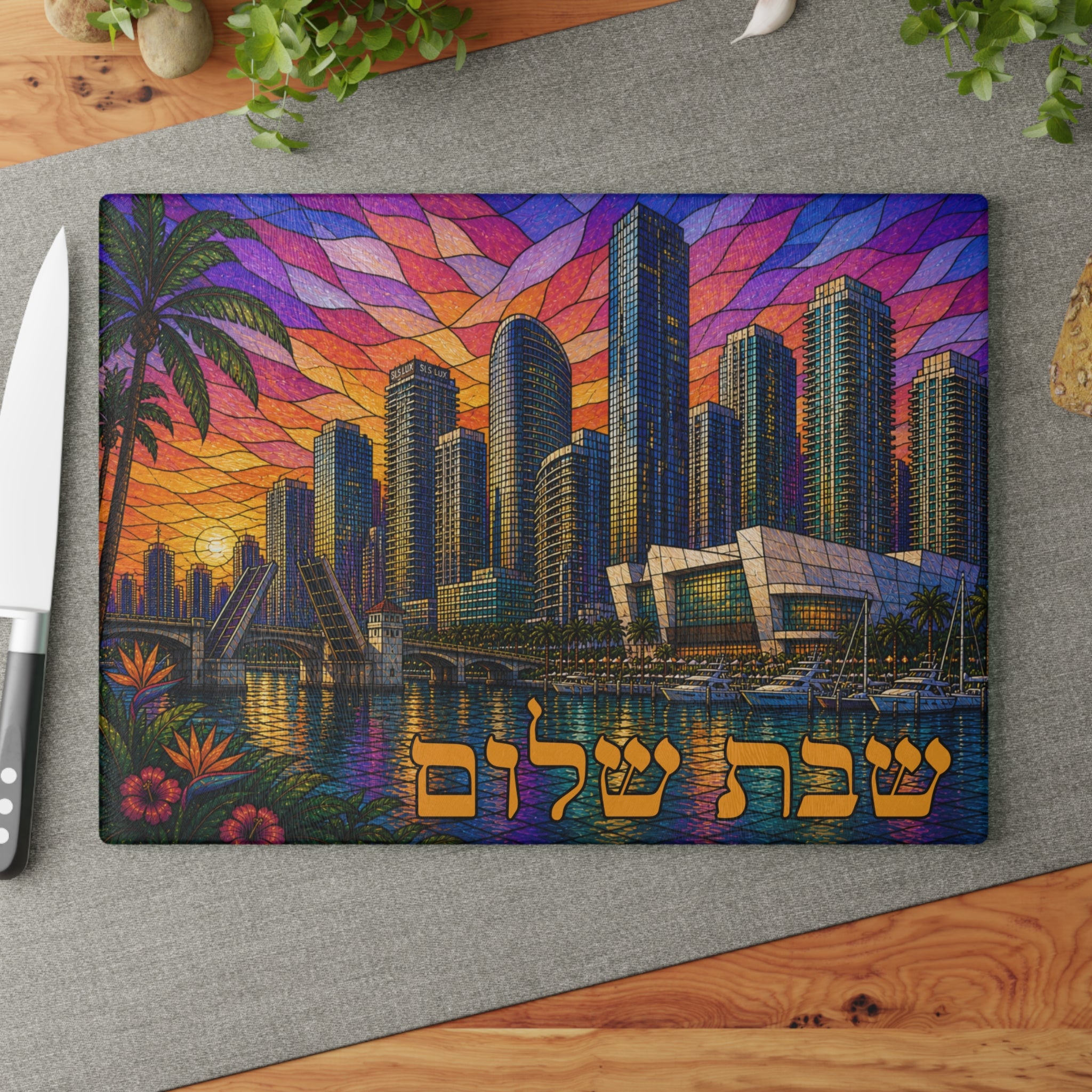 Miami Skyline Challah Board, Stained Glass Judaica for Shabbat Table, Florida Jewish Kitchen Decor