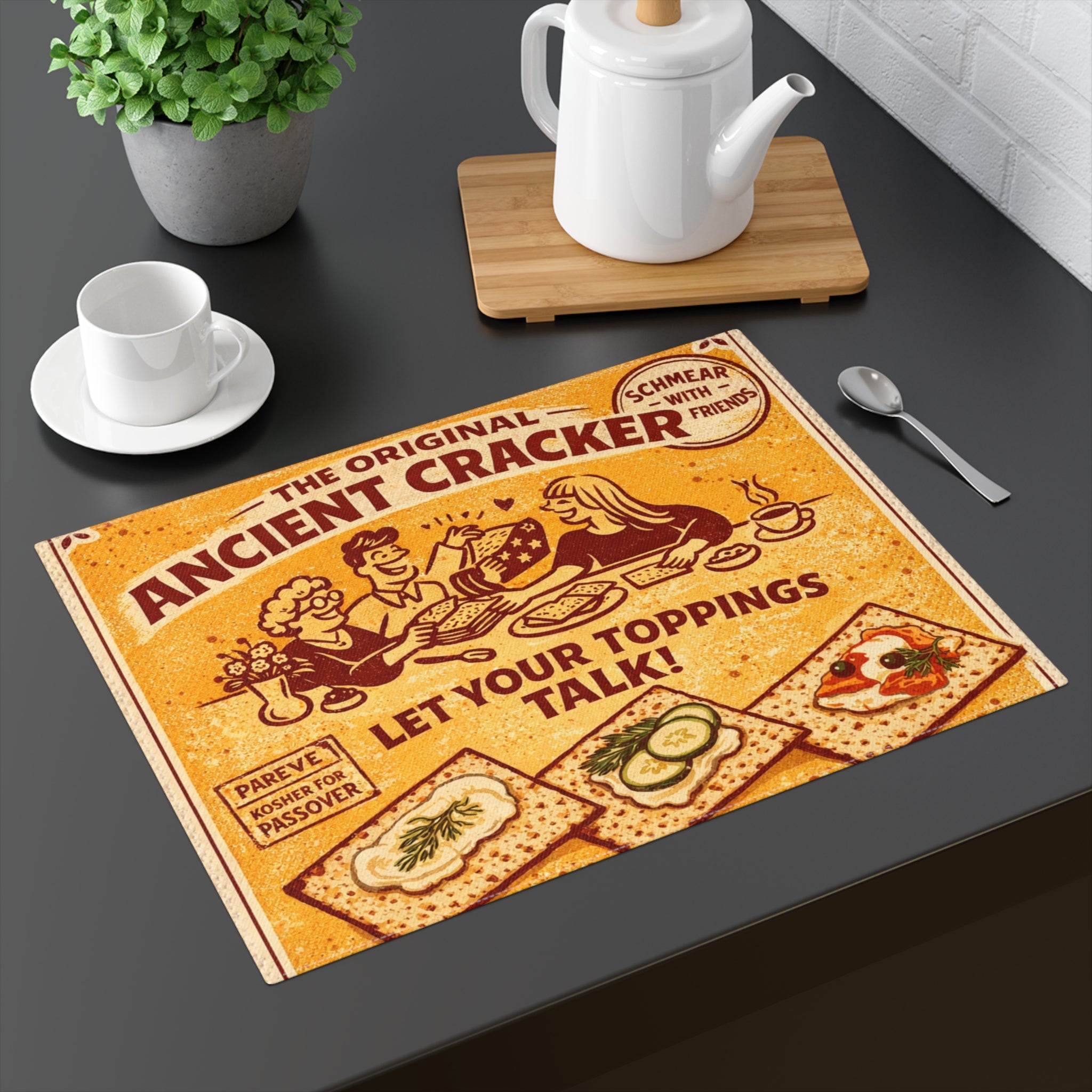 Ancient Cracker Let Your Toppings Talk Passover Placemat, Funny Seder Table Mat, Pesach Table Decor, Jewish Hostess Gift