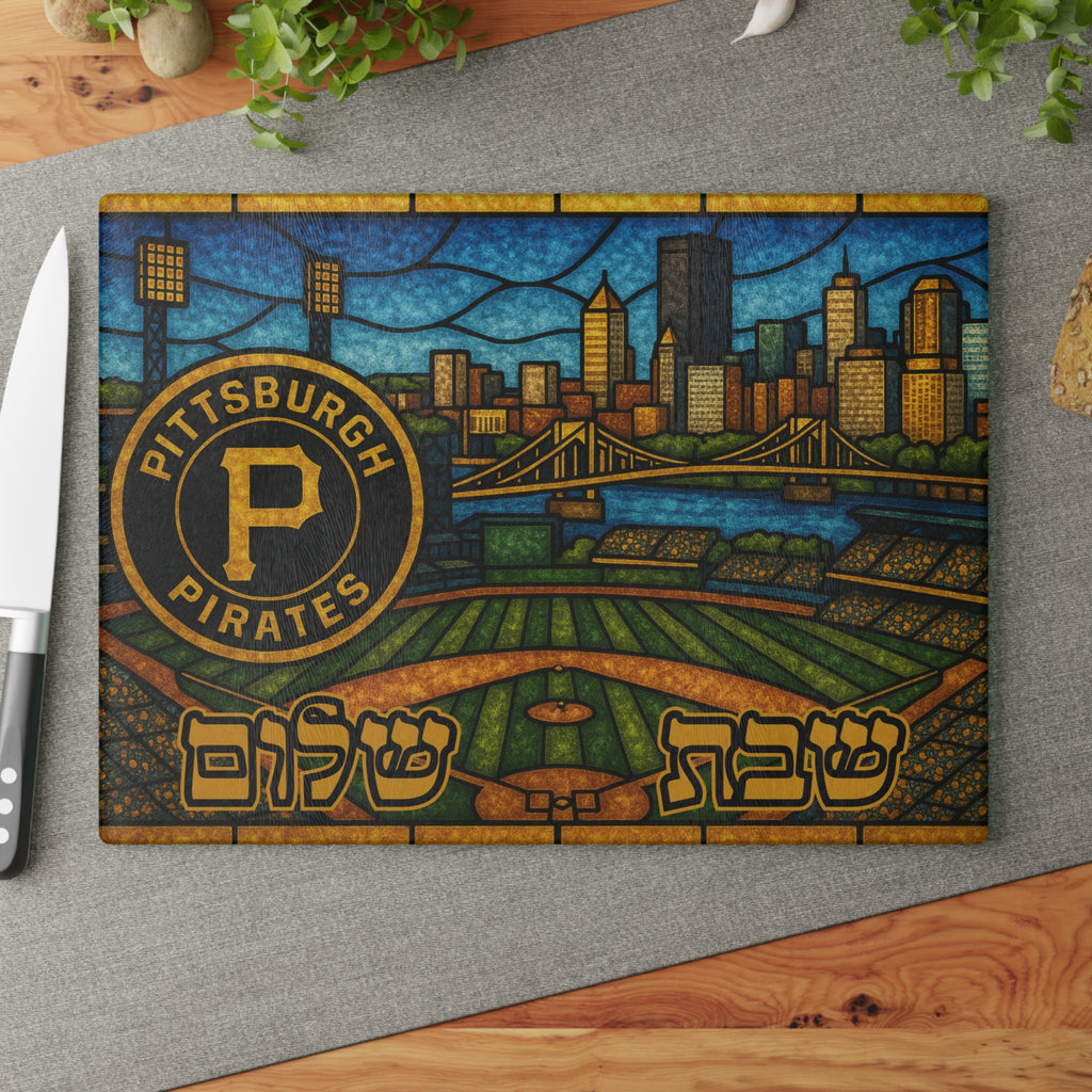 Pittsburgh Pirates Challah Board 15x11 Tempered Glass Shabbat Tray, PNC Park Skyline Judaica, Jewish Baseball Wedding Gift