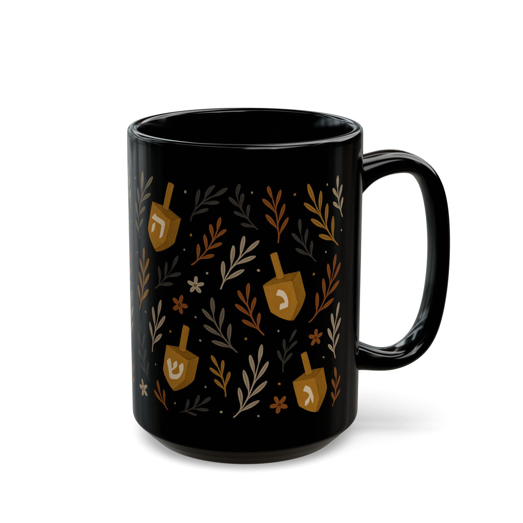 Jewish Dreidel Floral Mug Black Hanukkah Coffee Cup, 11oz or 15oz Ceramic Tea Mug Gift for Jewish Women