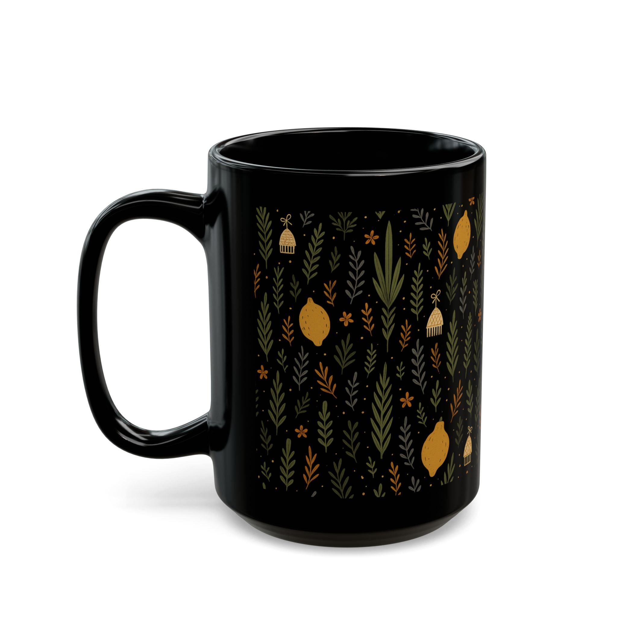Jewish Sukkot Floral Mug Black Ceramic Coffee Cup, 11oz or 15oz Holiday Tea Mug Gift for Her