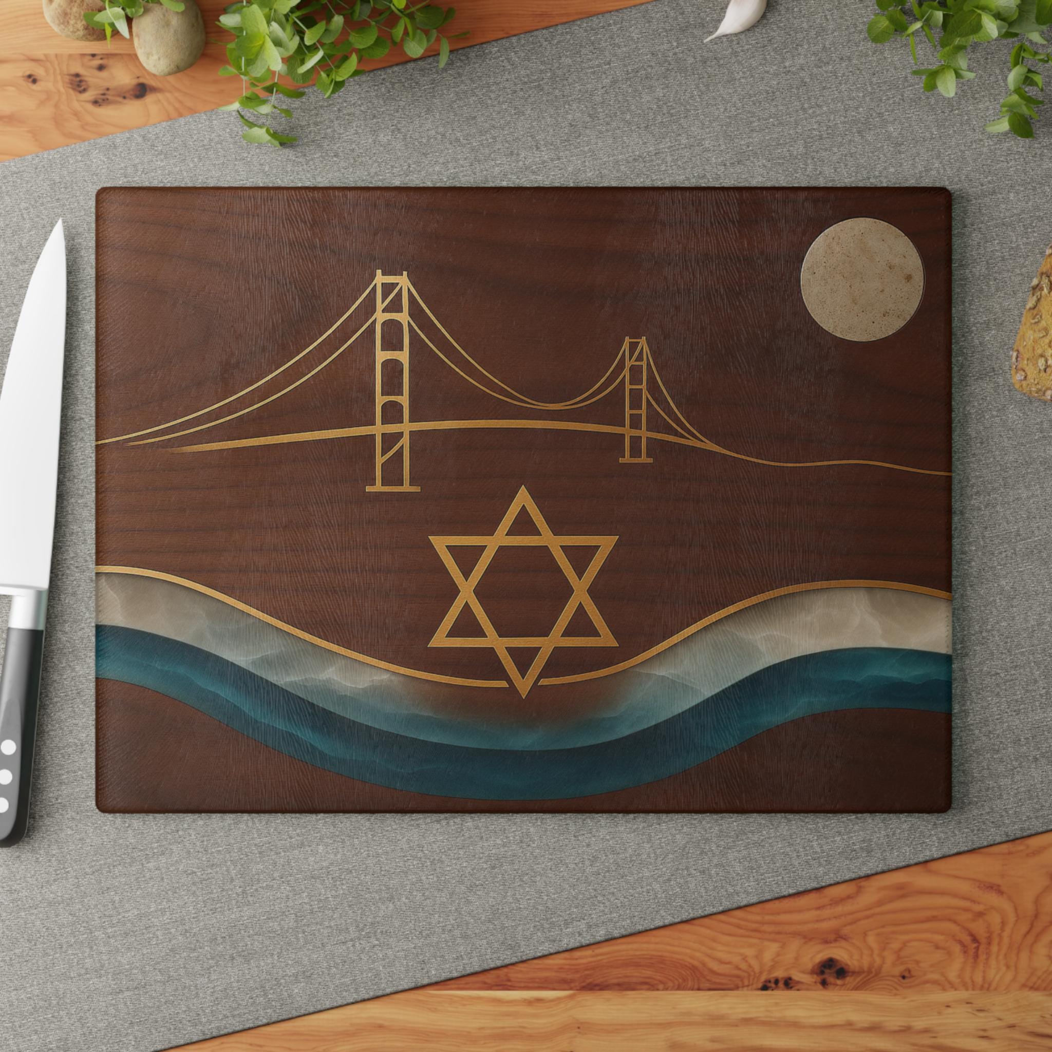 San Francisco Challah Board, Wood Look Shabbat Plate, Golden Gate Bridge Judaica