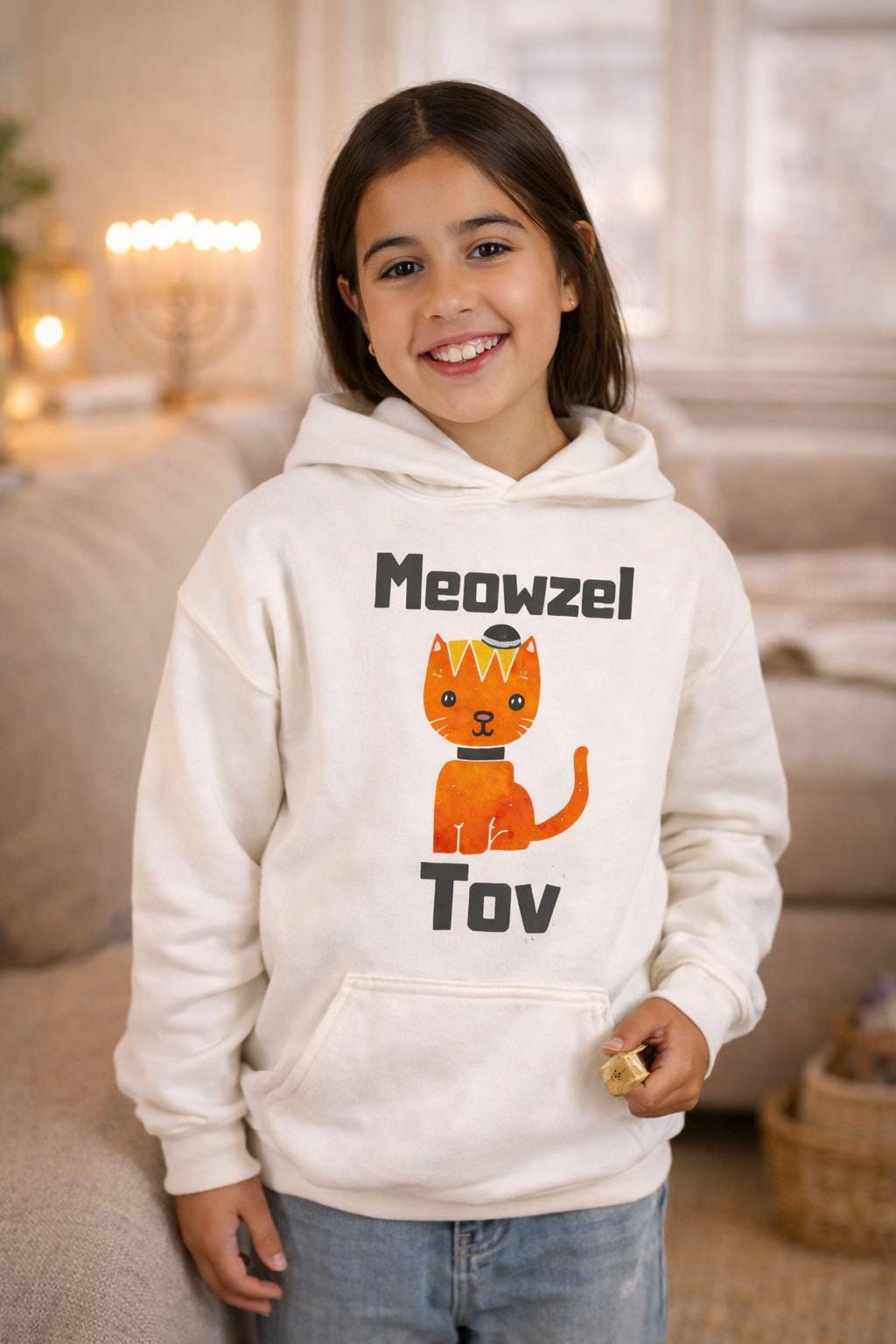 Meowel Tov Youth Hoodie Funny Jewish Cat Sweatshirt, Mazel Tov Hanukkah Gift for Kids