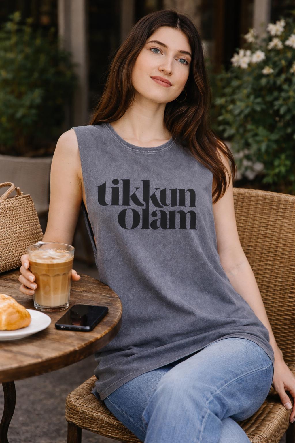 Tikkun Olam Stone Wash Tank Top, Vintage Hebrew Summer Shirt
