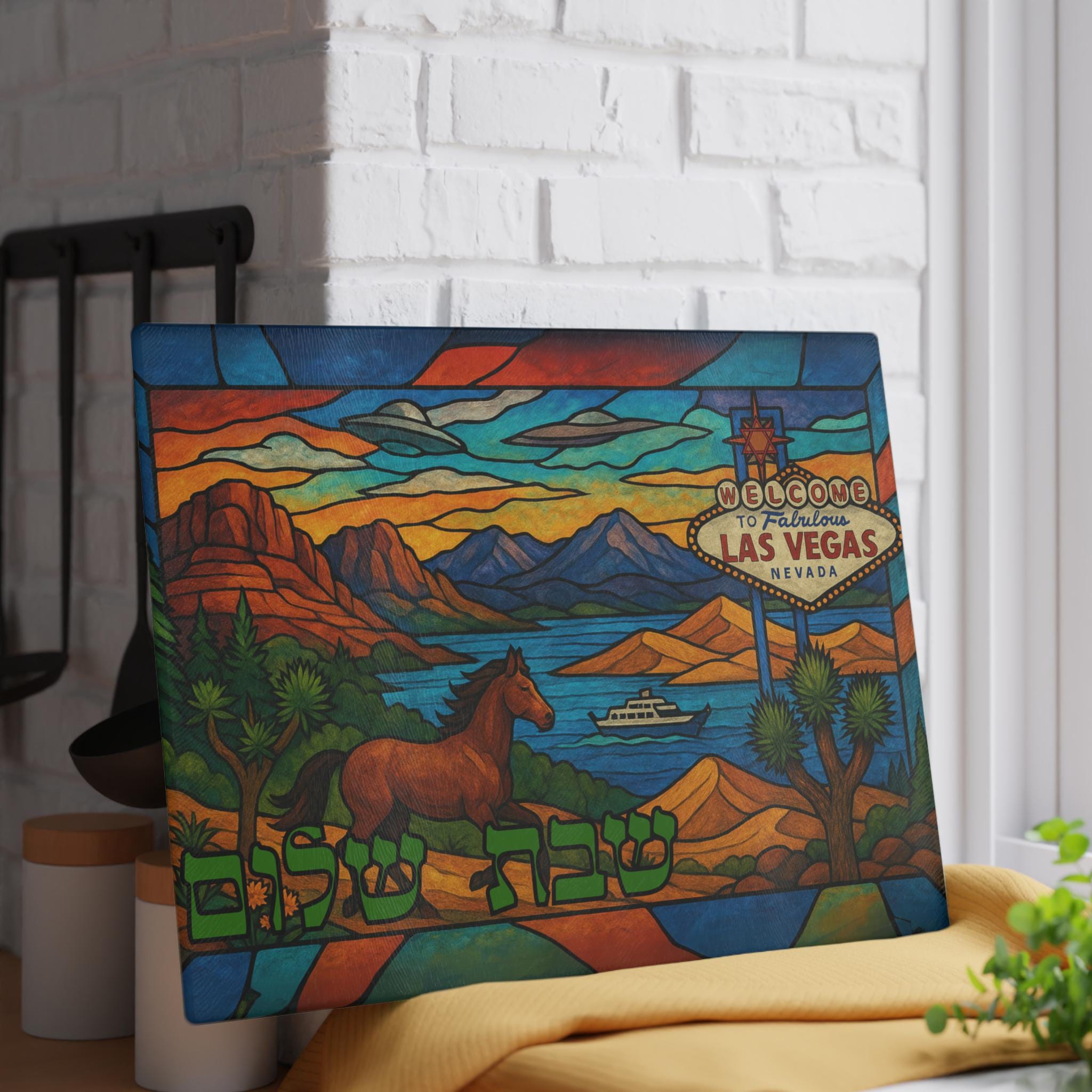 Nevada Challah Board, Las Vegas Stained Glass Style Shabbat Tray, Desert Judaica Gift