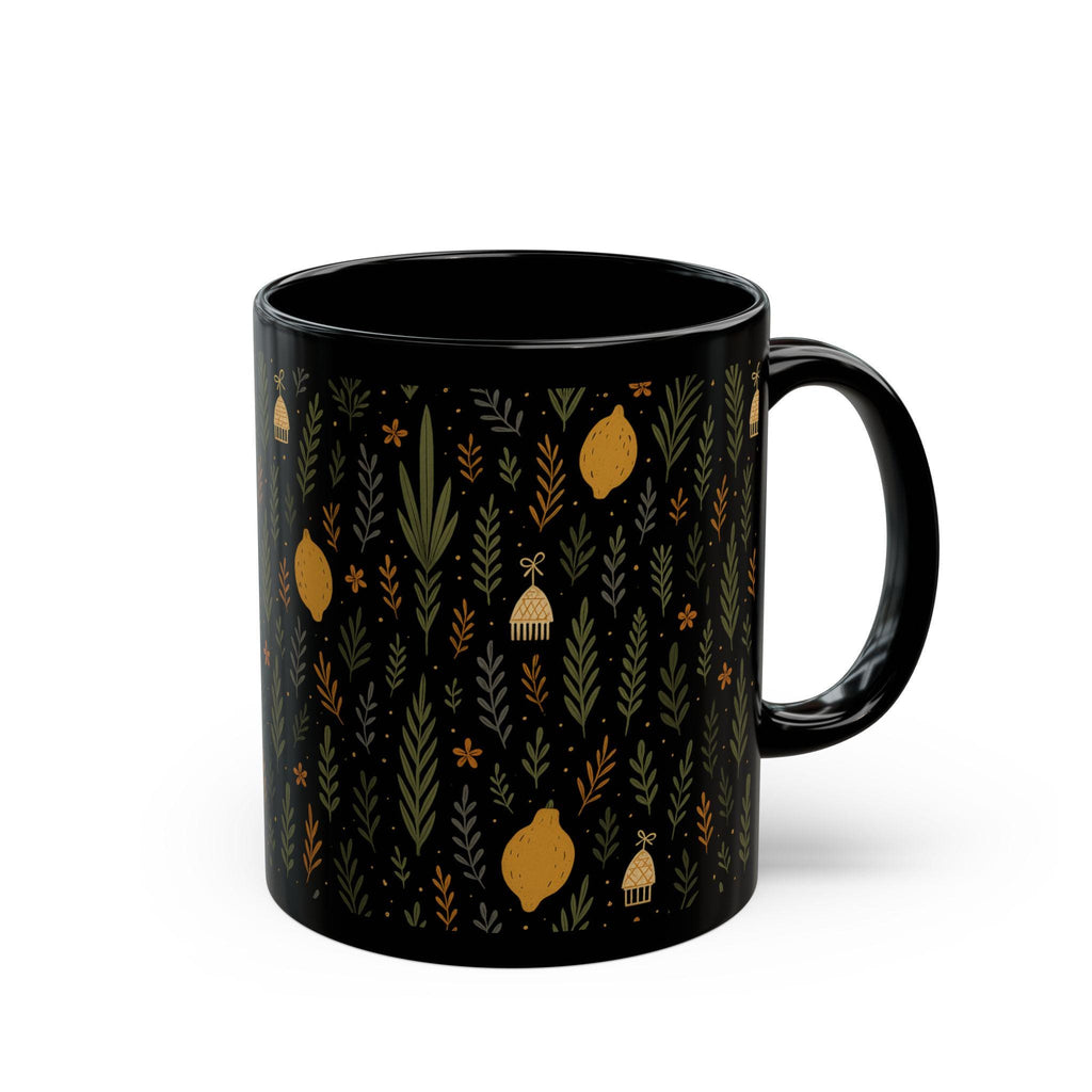 Jewish Sukkot Floral Black Ceramic Mug, Fall Holiday Tea Cup (11oz or 15oz)