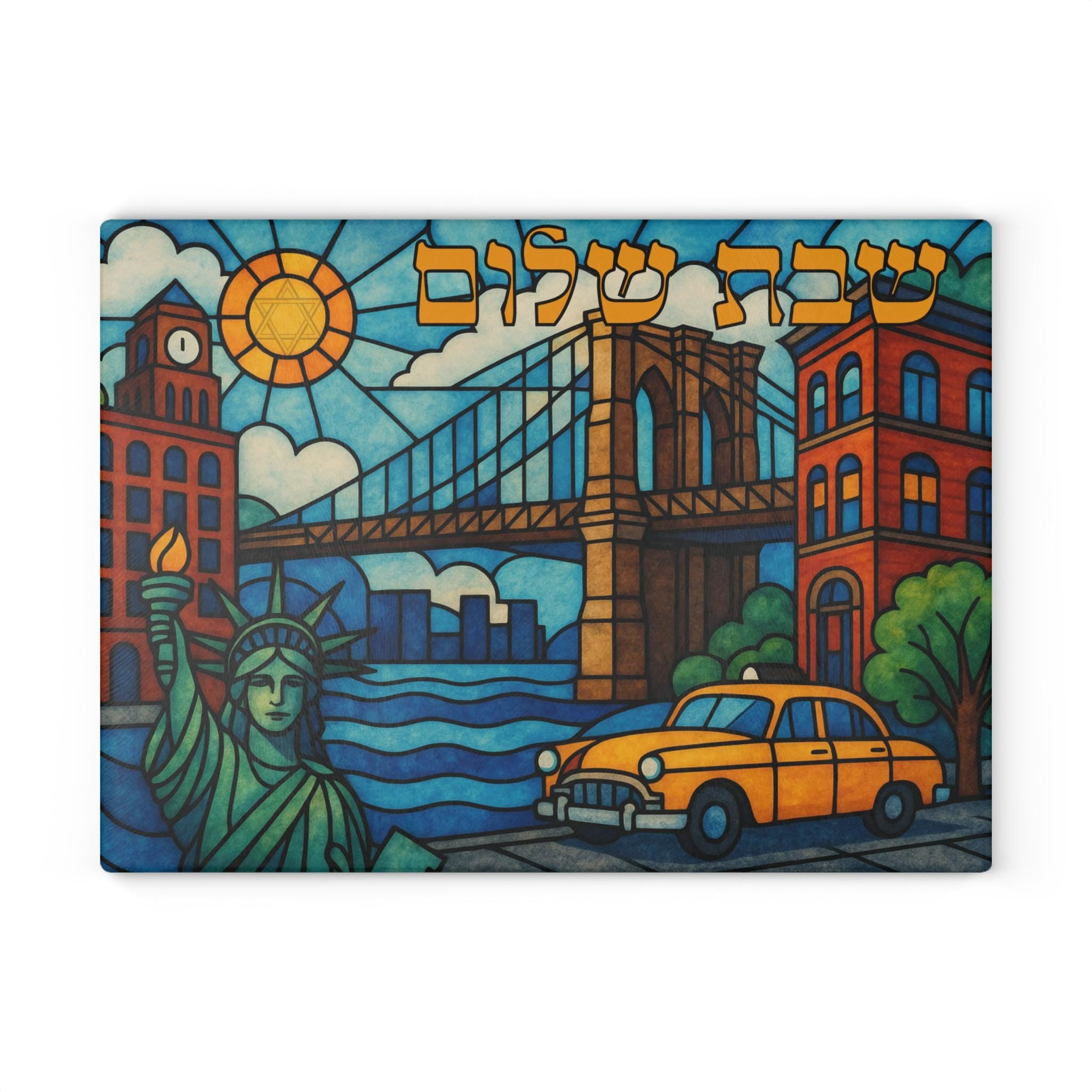 Brooklyn Challah Board, Stained Glass NYC Shabbat Tray, Brooklyn Bridge Taxi