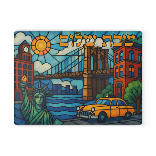 Brooklyn Challah Board, Stained Glass NYC Shabbat Tray, Brooklyn Bridge Taxi