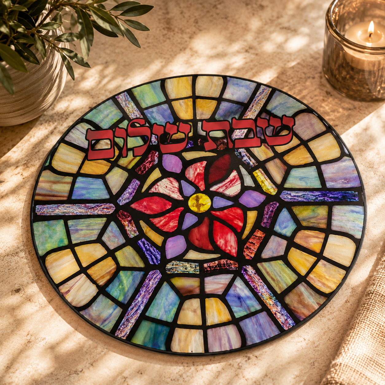 Shabbat Shalom Mosaic Challah Board, Round Glass Serving Plate, Stained Glass Floral Judaica Decor