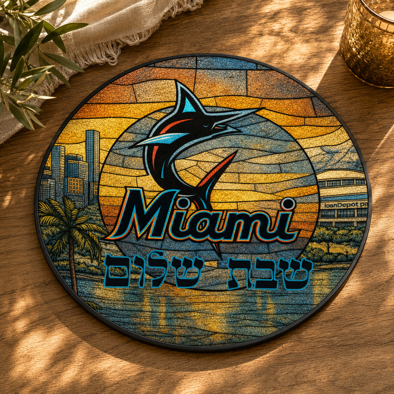 Miami Baseball Challah Board, Round Glass Shabbat Serving Plate, Teal Orange Sports Judaica Kitchen Decor