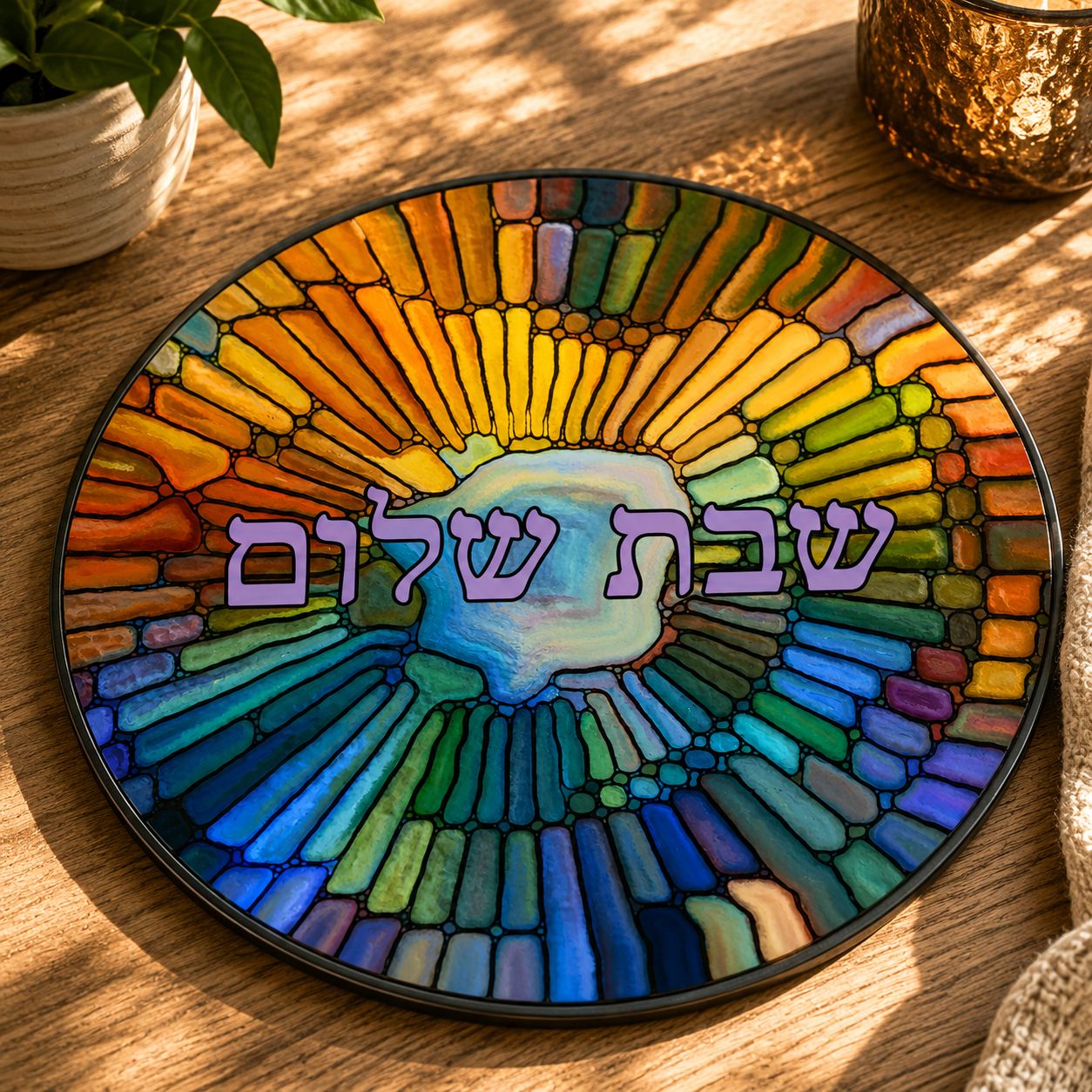 Shabbat Shalom Mosaic Challah Board, Round Glass Serving Plate, Stained Glass Floral Judaica Decor
