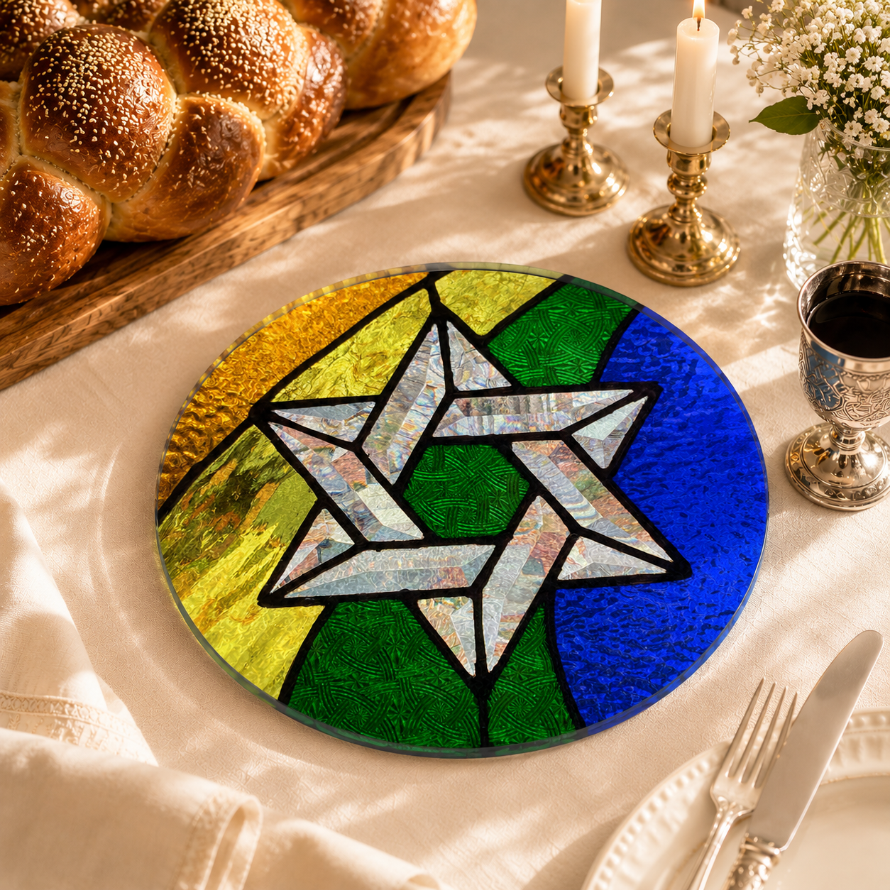 Pride Rainbow Challah Board, Round Glass Shabbat Serving Plate, Stained Glass Star of David Judaica Decor