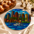 Boston Skyline Challah Board, Round Glass Shabbat Serving Plate, Harbor Boat Judaica Kitchen Decor