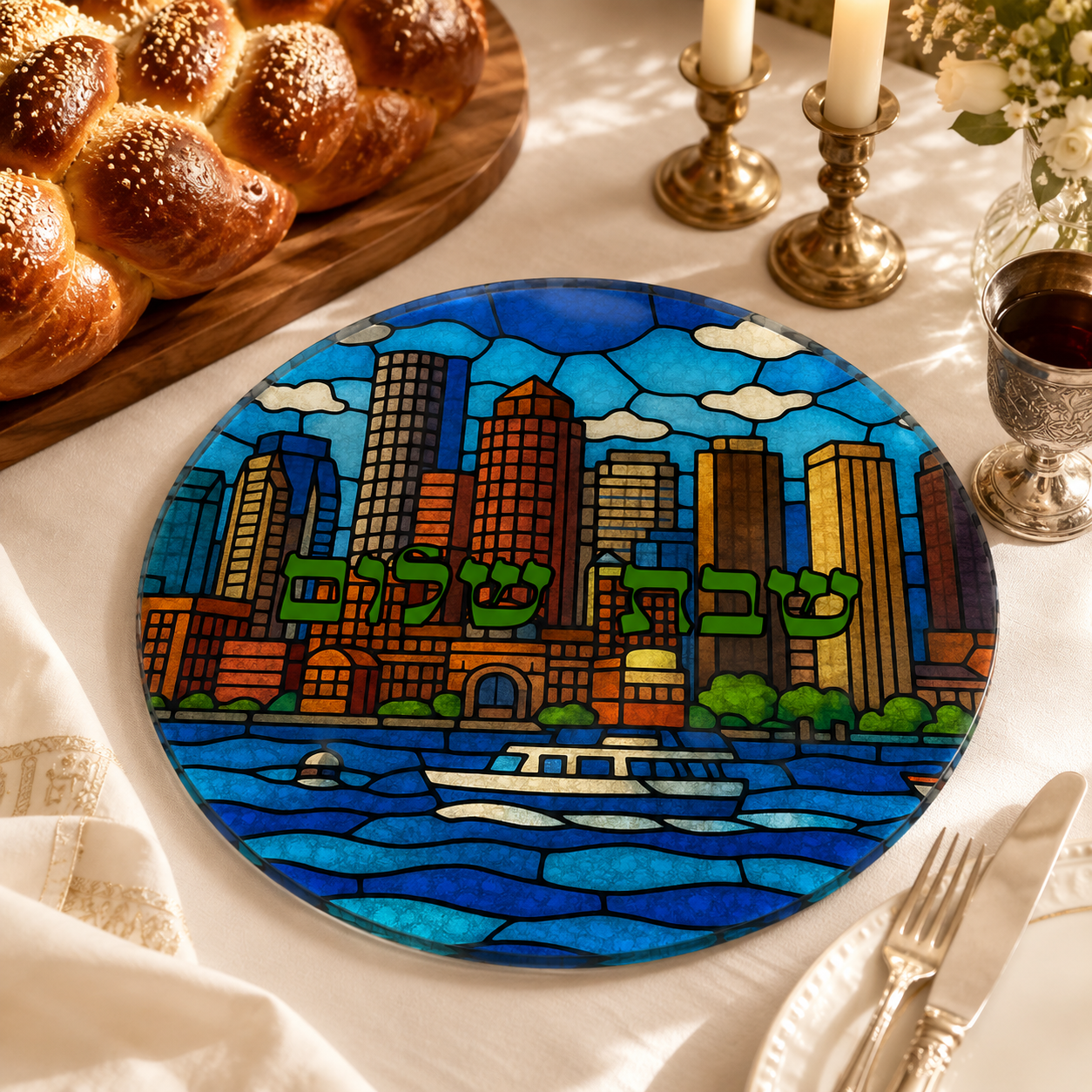 Boston Skyline Challah Board, Round Glass Shabbat Serving Plate, Harbor Boat Judaica Kitchen Decor