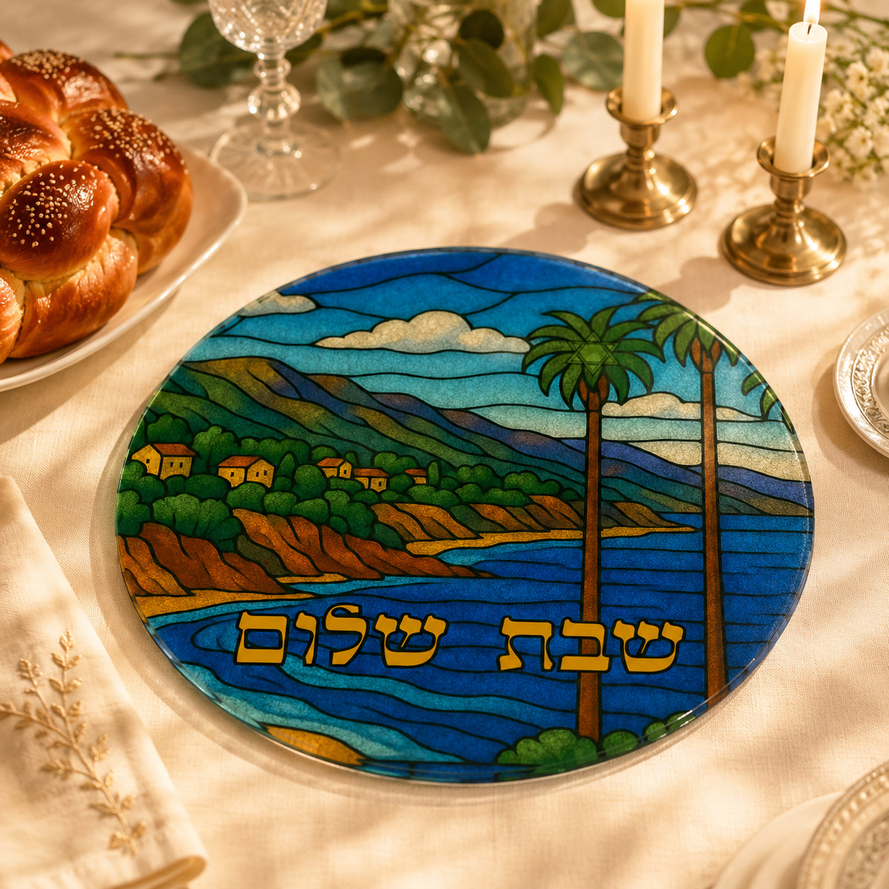 Pacific Palisades Challah Board, Round Glass Shabbat Serving Plate, Beach Palm Tree Judaica Kitchen Decor