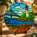 Maine Challah Board, Round Glass Shabbat Serving Plate, Stained Glass Lighthouse Judaica Kitchen Decor