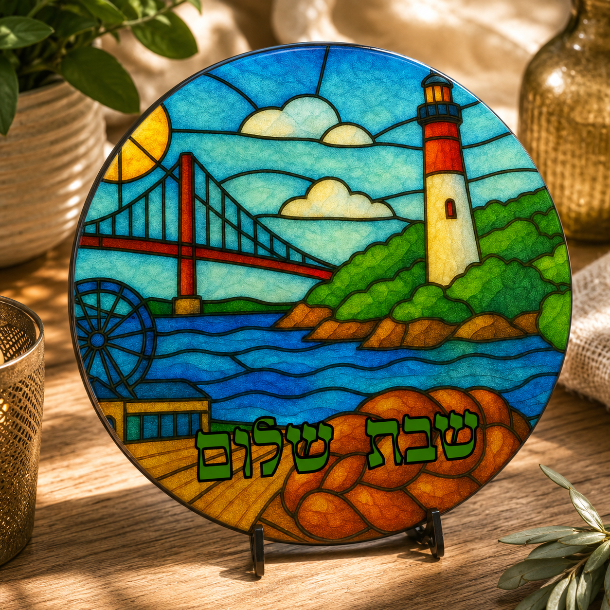 Maine Challah Board, Round Glass Shabbat Serving Plate, Stained Glass Lighthouse Judaica Kitchen Decor