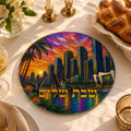 Miami Skyline Challah Board, Round Glass Shabbat Serving Plate, Stained Glass Judaica for Jewish Kitchen