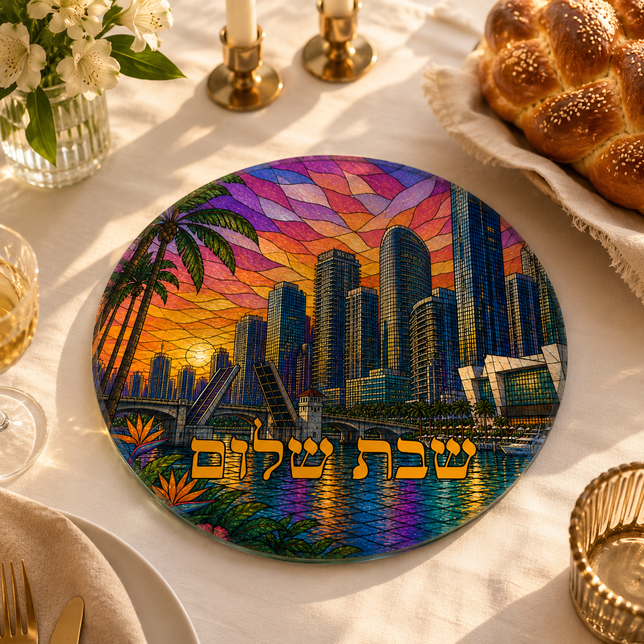 Miami Skyline Challah Board, Round Glass Shabbat Serving Plate, Stained Glass Judaica for Jewish Kitchen