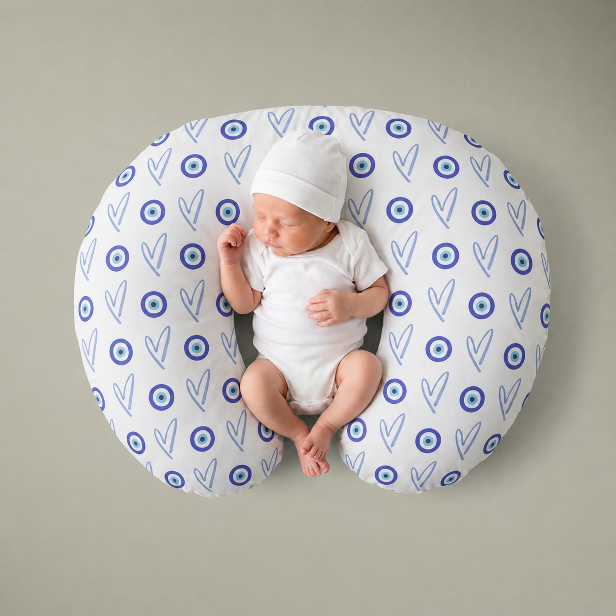 Evil Eye Nursing Pillow Cover, Jewish Baby Feeding Cover With Hearts, Modern Judaica Nursery Deco