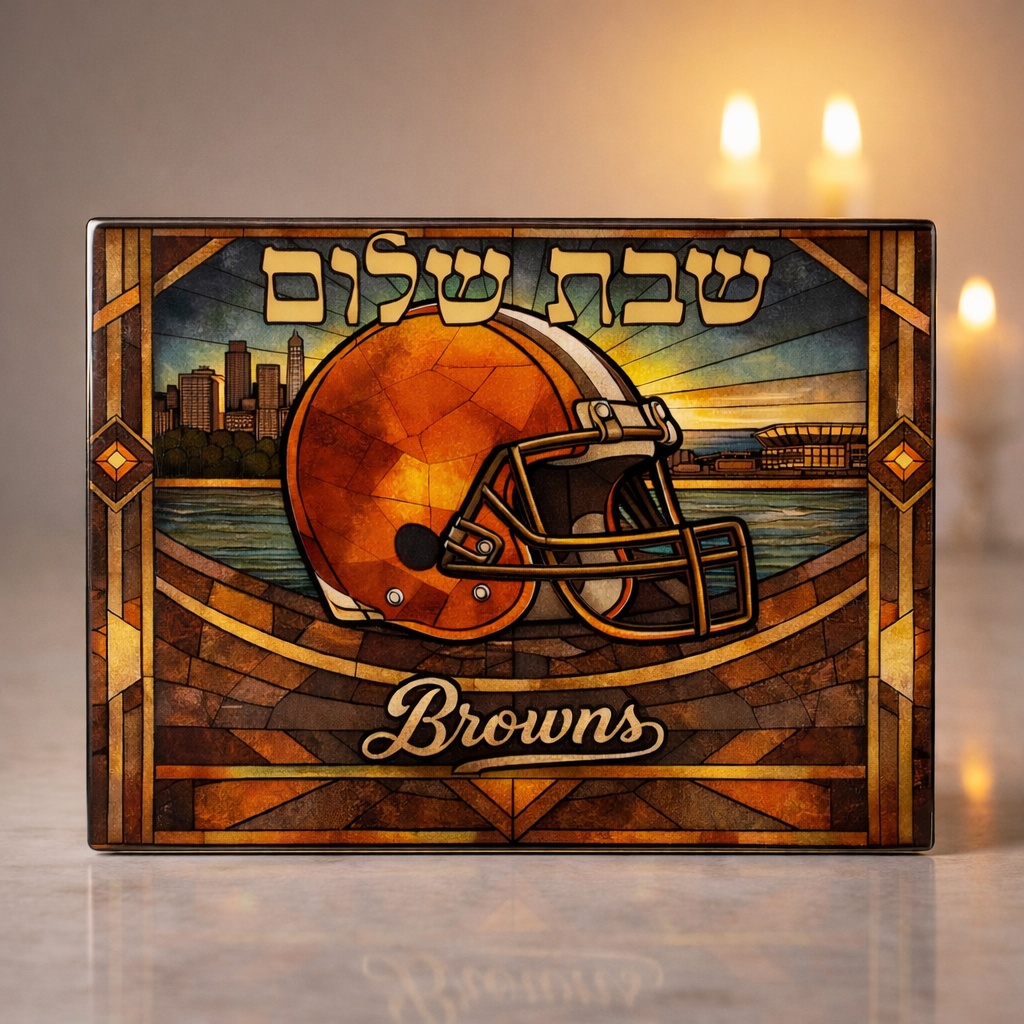 Cleveland Browns Challah Board Stained Glass Style | 15x11 Tempered Glass Shabbat Serving Tray | Jewish Football Fan Gift