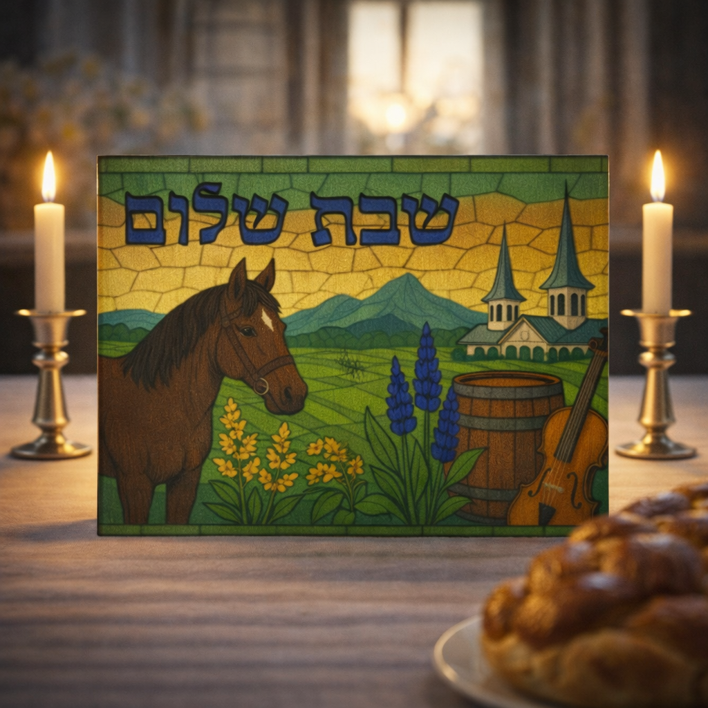 Kentucky Challah Board Stained Glass Shabbat Glass Cutting Board, 15x11 Judaica with Horse and Bourbon Barrel, Jewish Wedding Gift