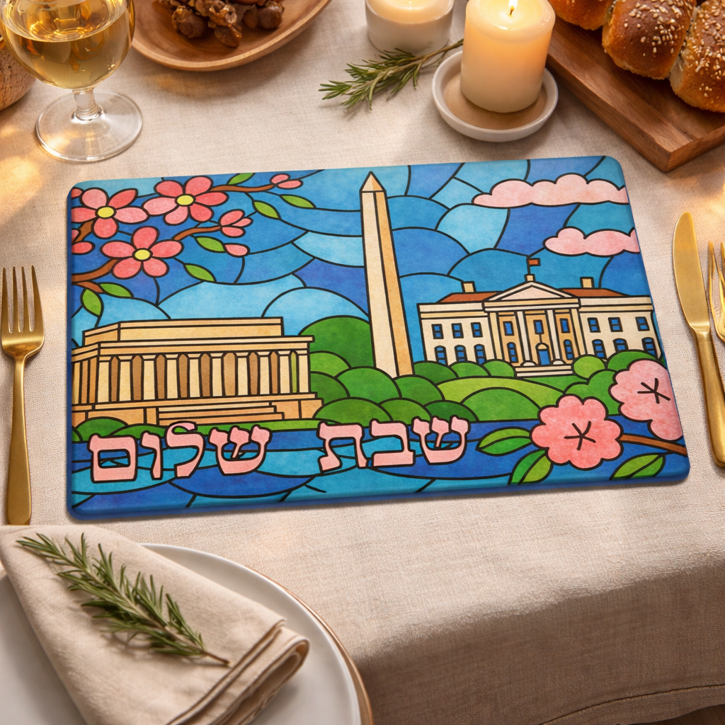 Washington DC Challah Board Glass, Stained Glass Shabbat Shalom Tray with Cherry Blossoms and Monuments