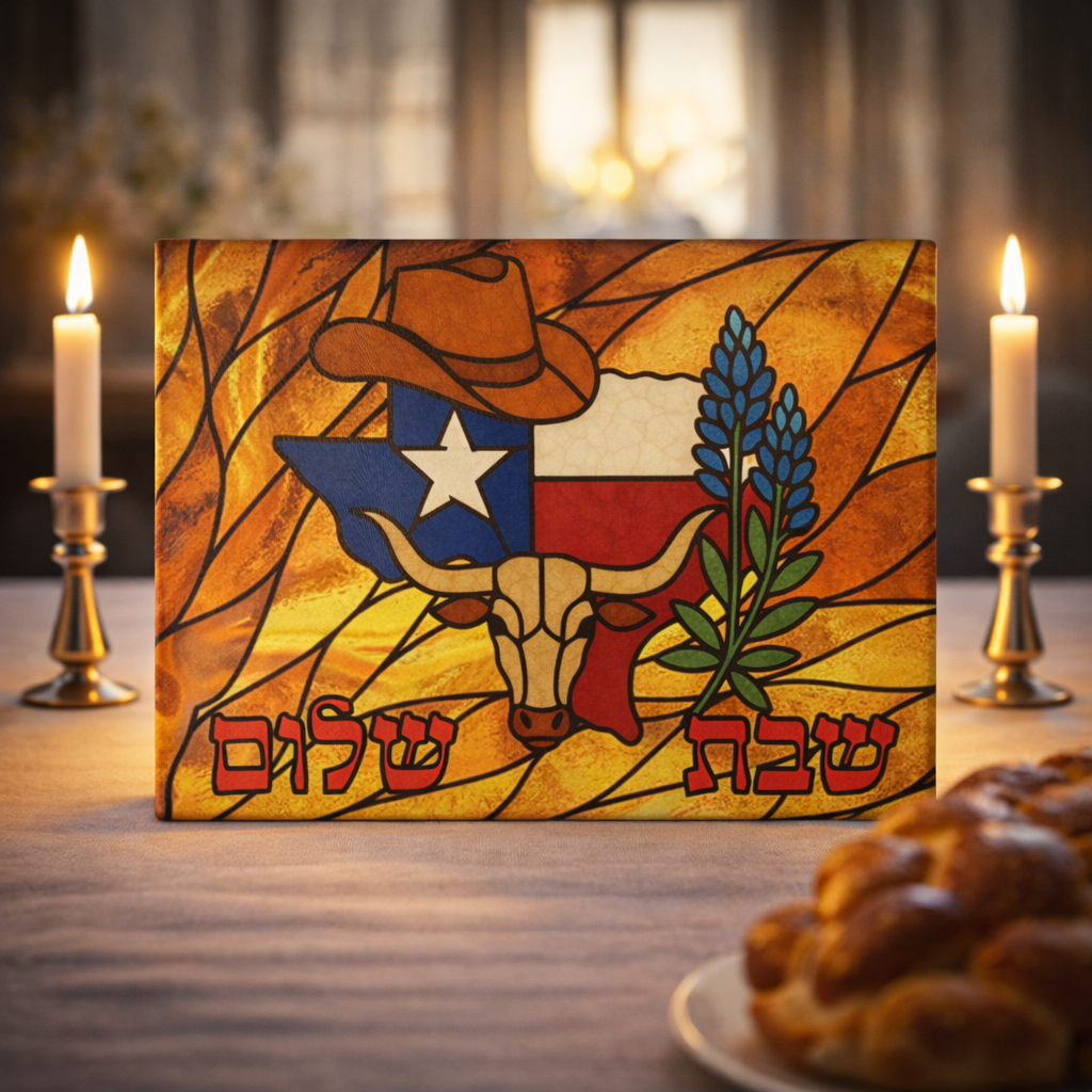 Texas Challah Board Stained Glass Shabbat Tray, 15x11 State Outline Judaica, Jewish Lone Star Wedding Gift
