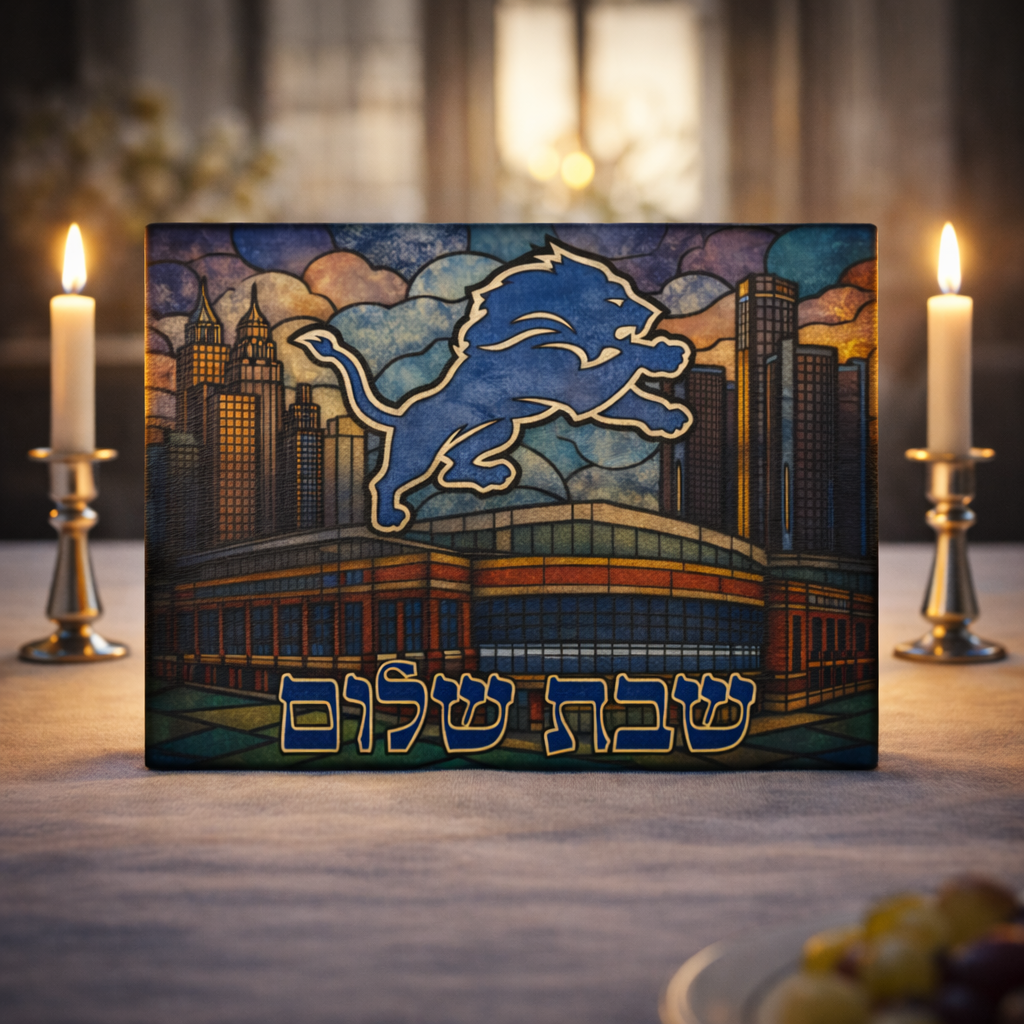 Detroit Lions Challah Board Stained Glass Shabbat Tray, 15x11 NFL Judaica Wedding Gift