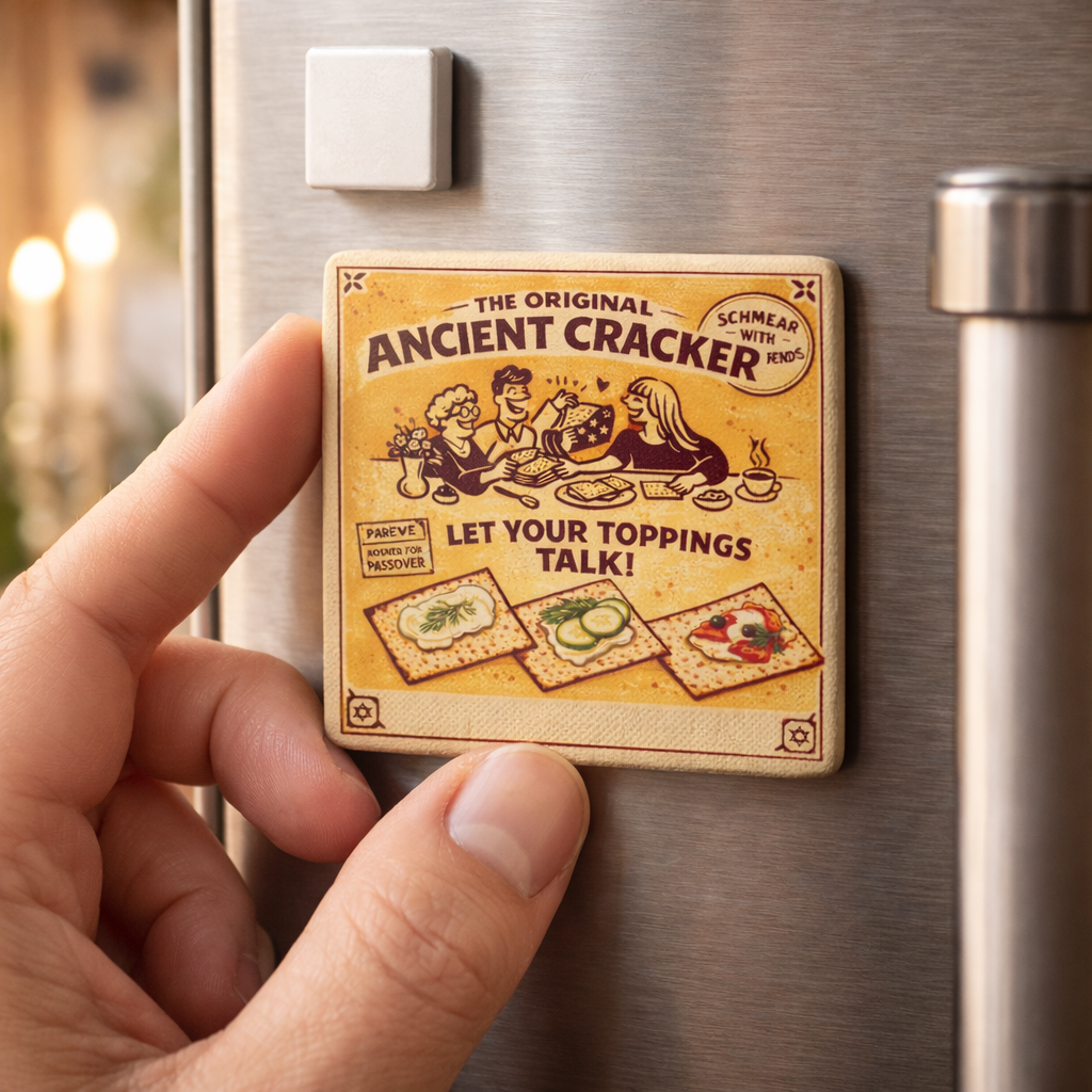 Passover Vintage Matzah Porcelain Magnet 2x2 Inch, Retro Jewish Kitchen Decor, Seder Hostess Gift, Pesach Fridge Tile