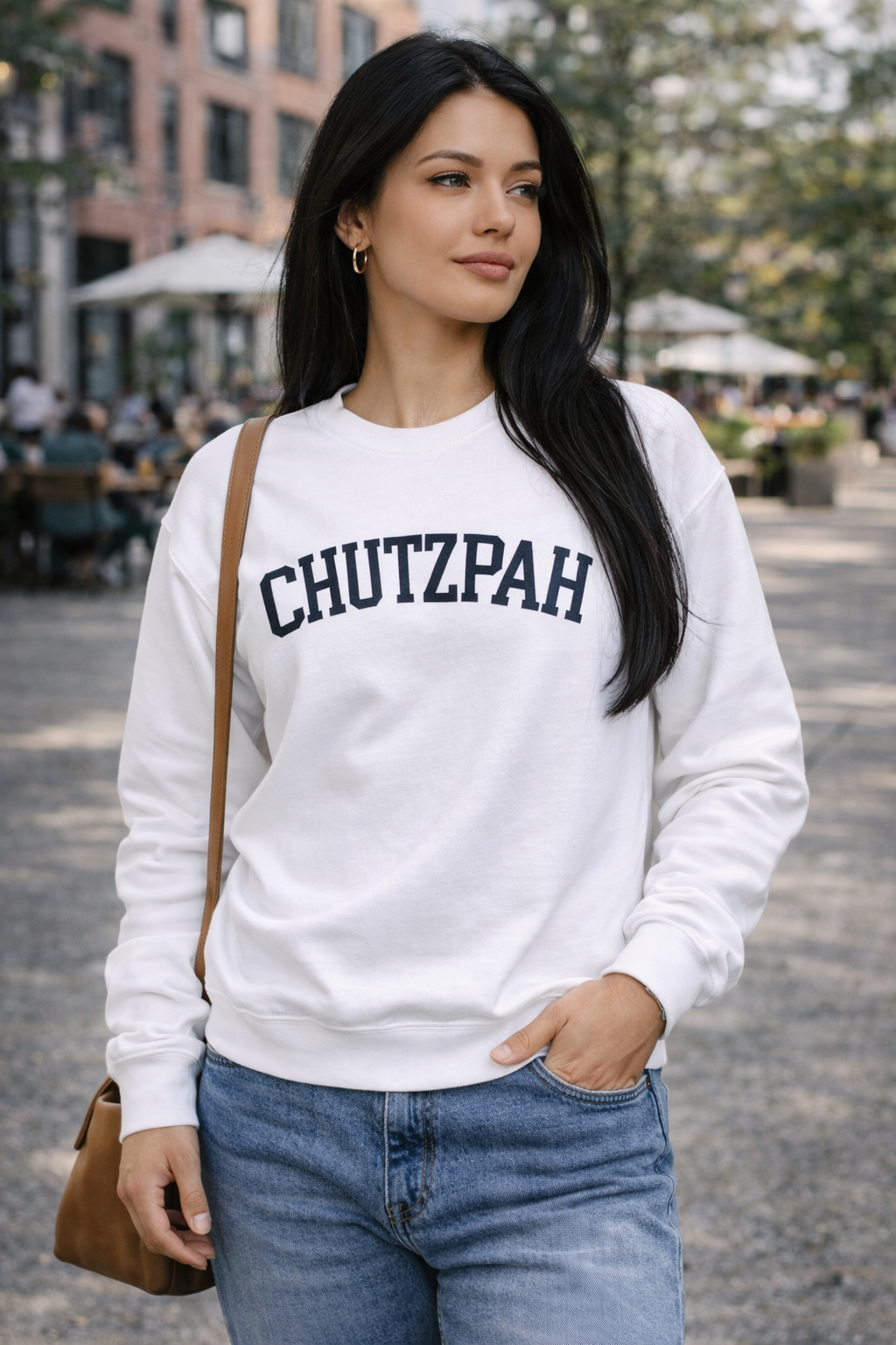 Chutzpah Sweatshirt White Crewneck, Yiddish Collegiate Lettering Jewish Pullover Gift