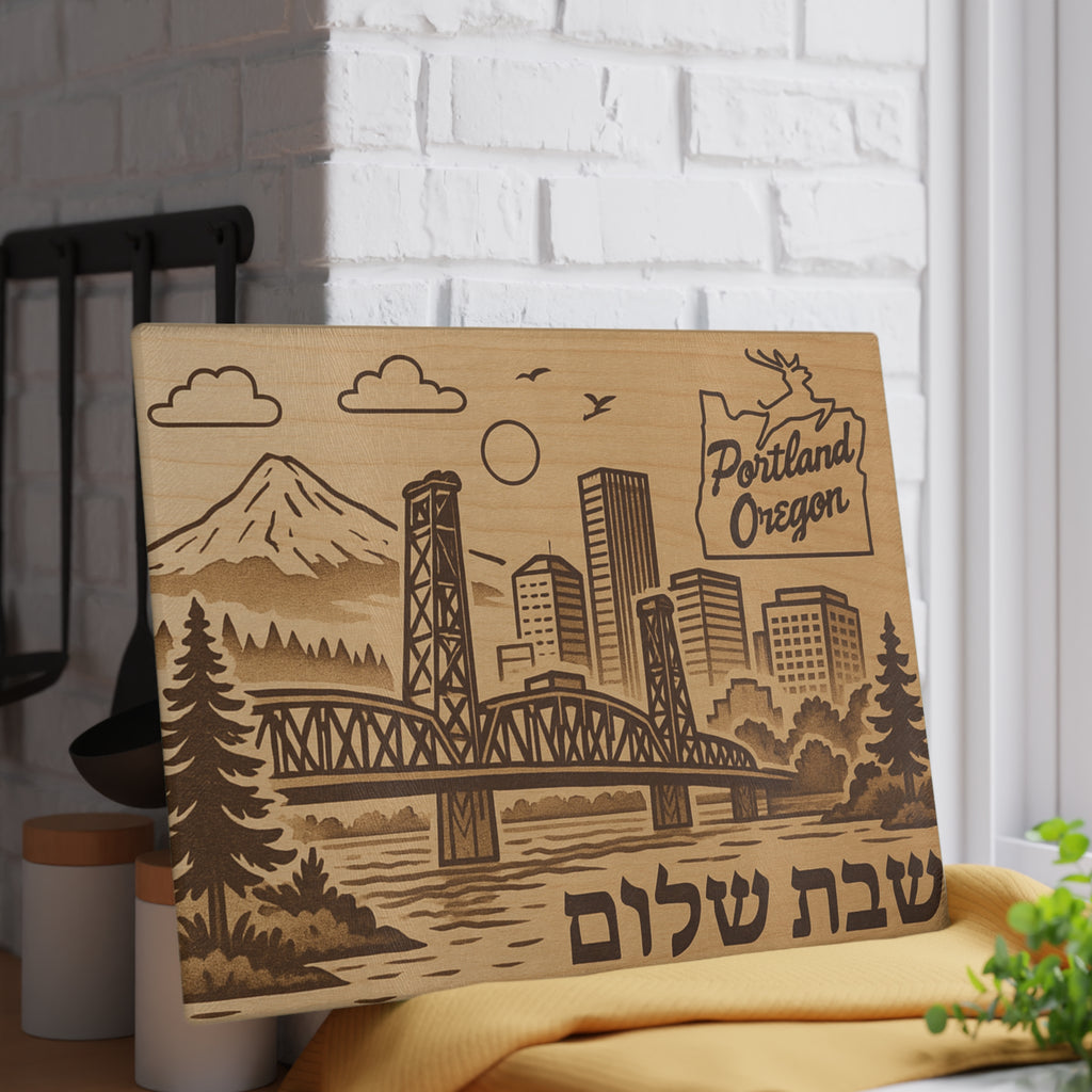Portland Oregon Challah Board Wood Look Shabbat Plate, Rustic Glass Judaica with Stag Sign, PNW Jewish Wedding Gift