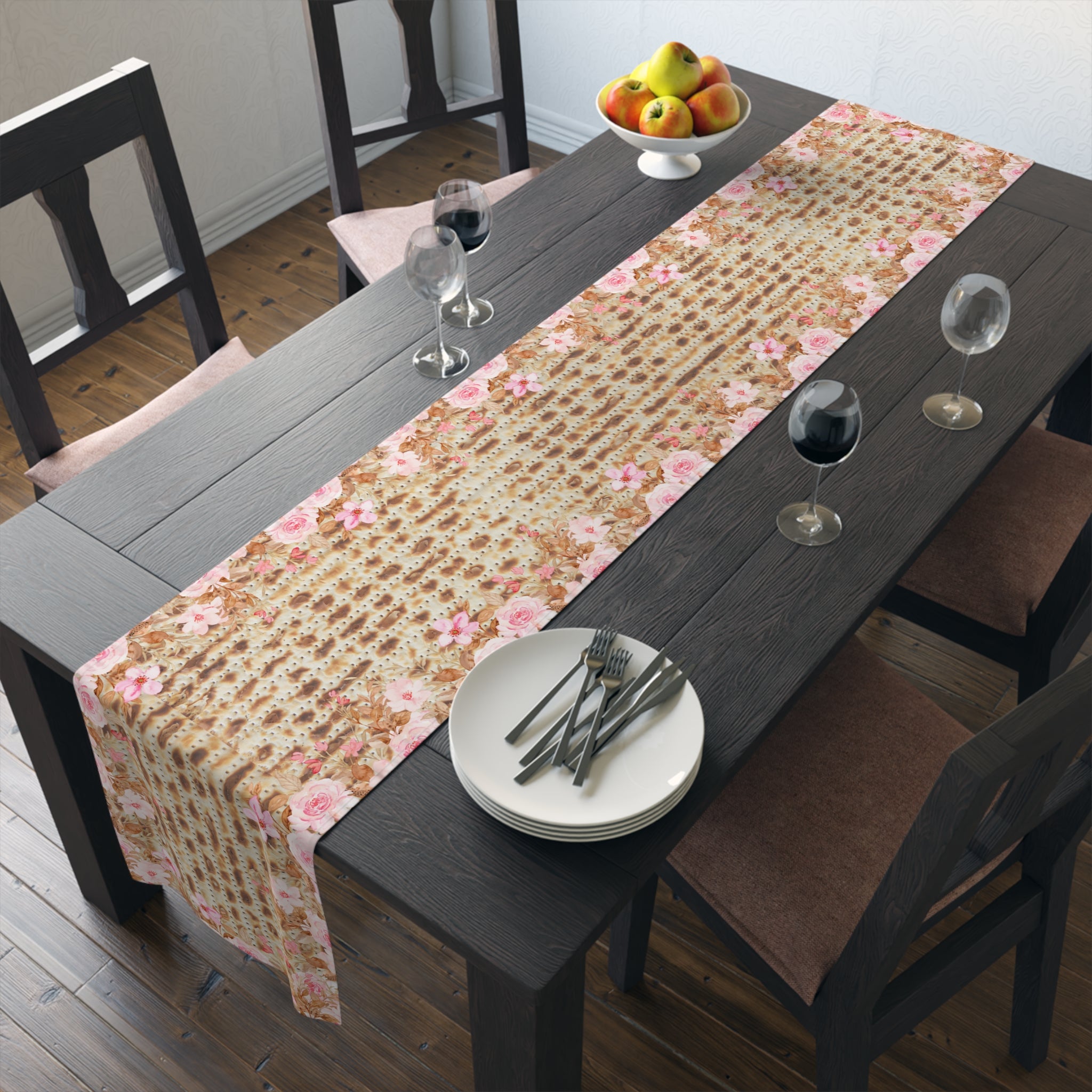 Passover Table Runner Matzah Pink Flowers 16x72 or 16x90 Cotton or Polyester, Pesach Seder Judaica Table Decor