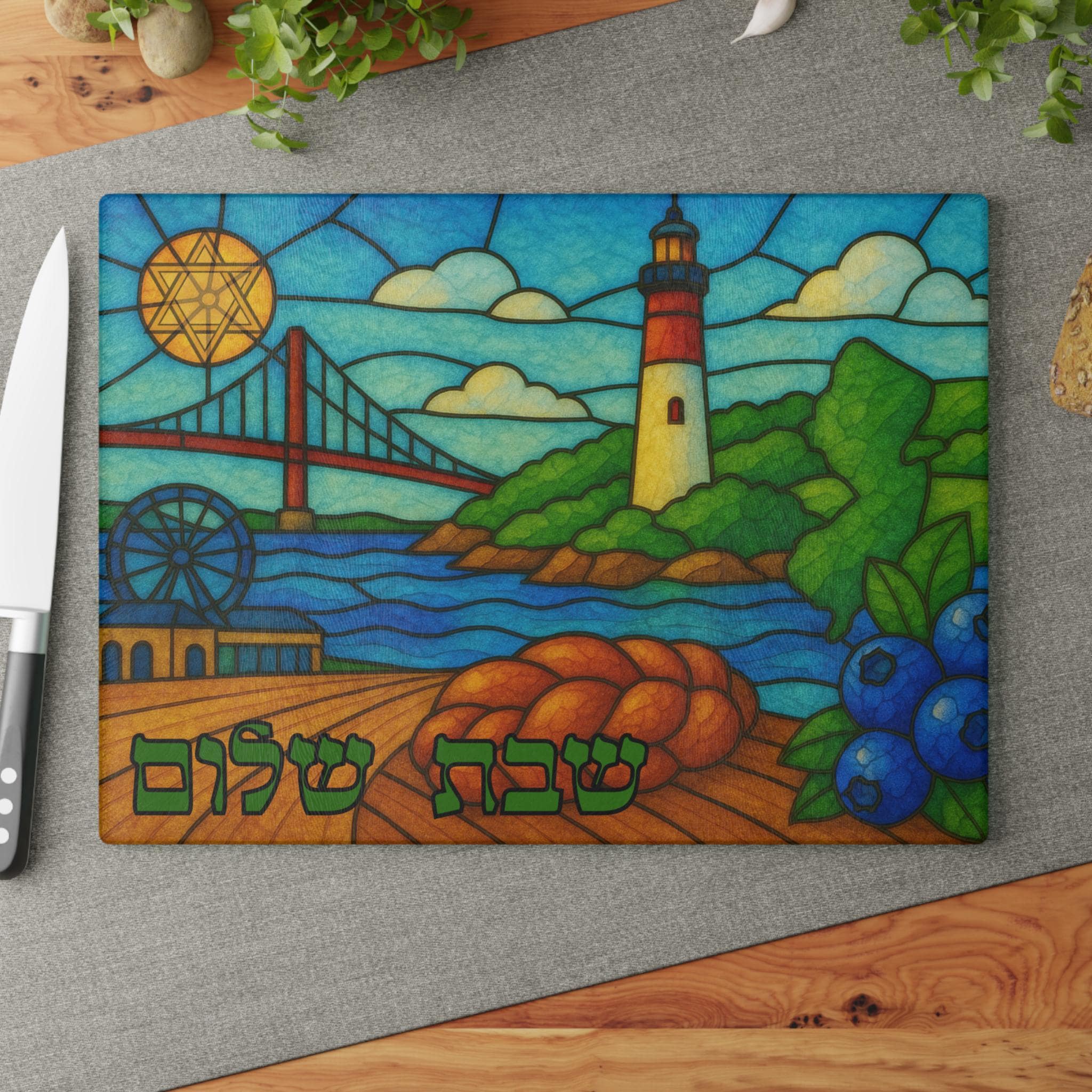 New Jersey Challah Board, Stained Glass Shabbat Tray, Lighthouse Boardwalk Judaica