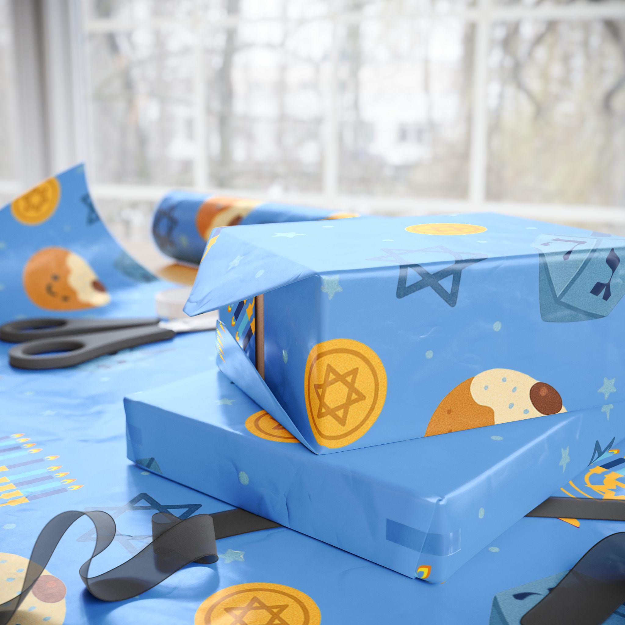 Blue Hanukkah Wrapping Paper, Modern Judaica Gift Wrap, Jewish Holiday Present Packaging