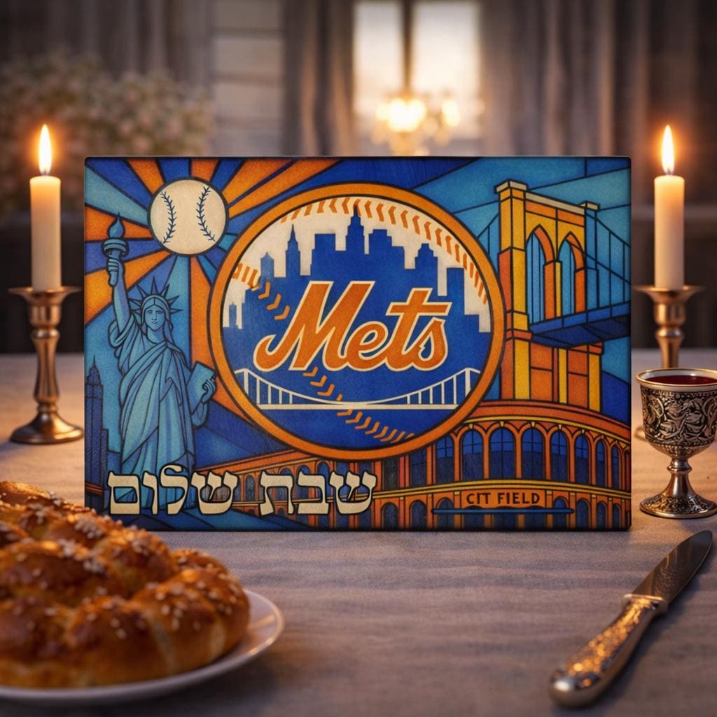 New York Mets Stained Glass Challah Board, Baseball Shabbat Shalom Plate