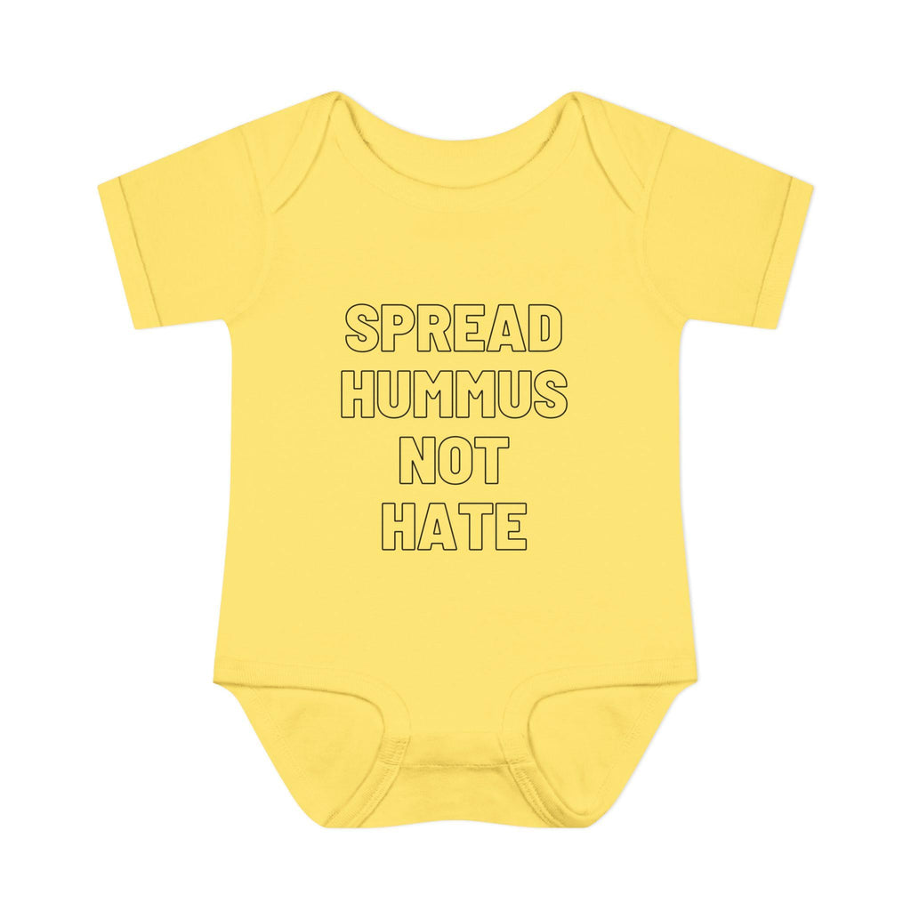 Spread Hummus Not Hate Baby Onesie Funny Jewish Infant Bodysuit, Foodie Humor Baby Shower Gift