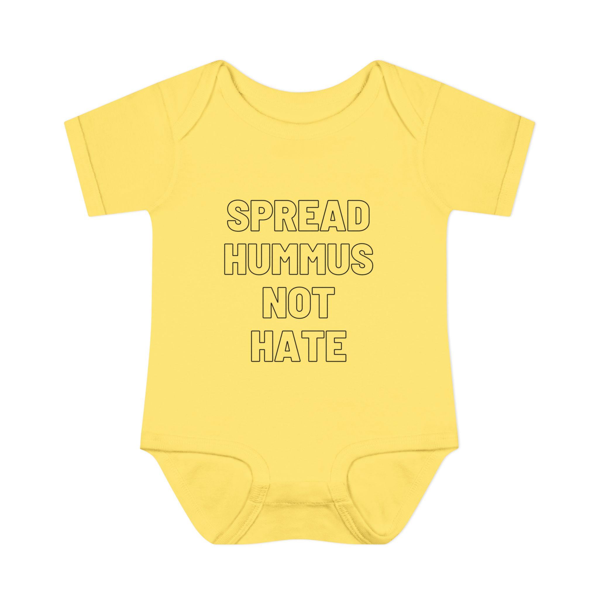 Spread Hummus Not Hate Baby Onesie Funny Jewish Infant Bodysuit, Foodie Humor Baby Shower Gift
