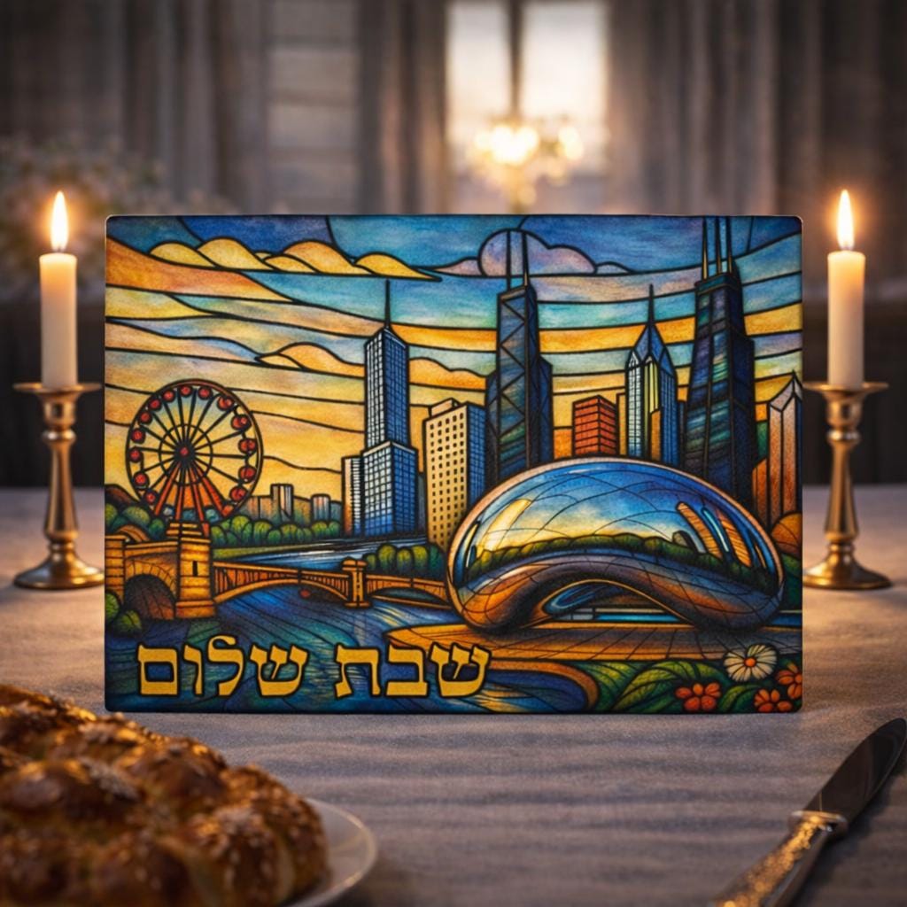 Chicago Skyline Challah Board, Stained Glass Judaica Tray, Jewish Wedding Gift